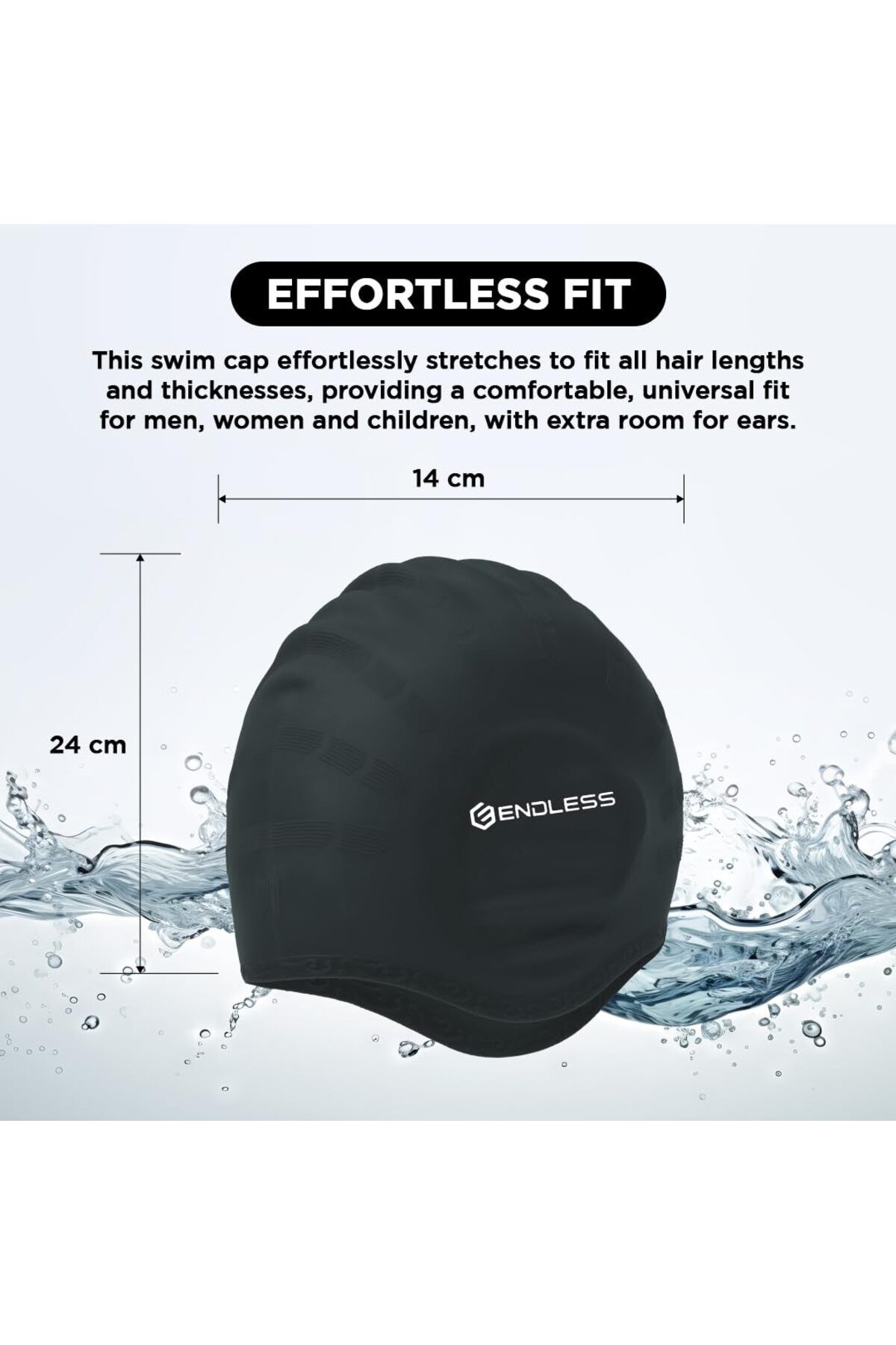 Endless-Silicon Swimming Cap | Ergonomic Ear Pockets | Waterproof | Black | Free Size 3