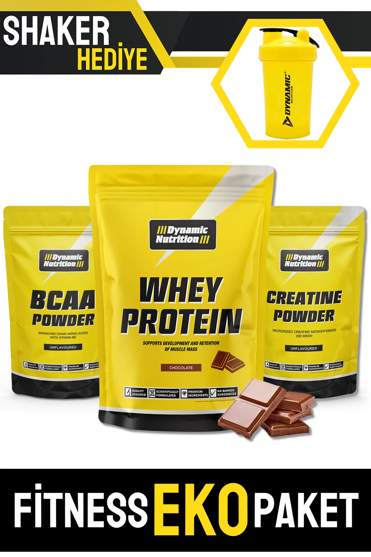 Dynamic Nutrition-Fitness Eco Essential Pack - Chocolate Color Whey Protein Powder, Creatine and Bcaa 1