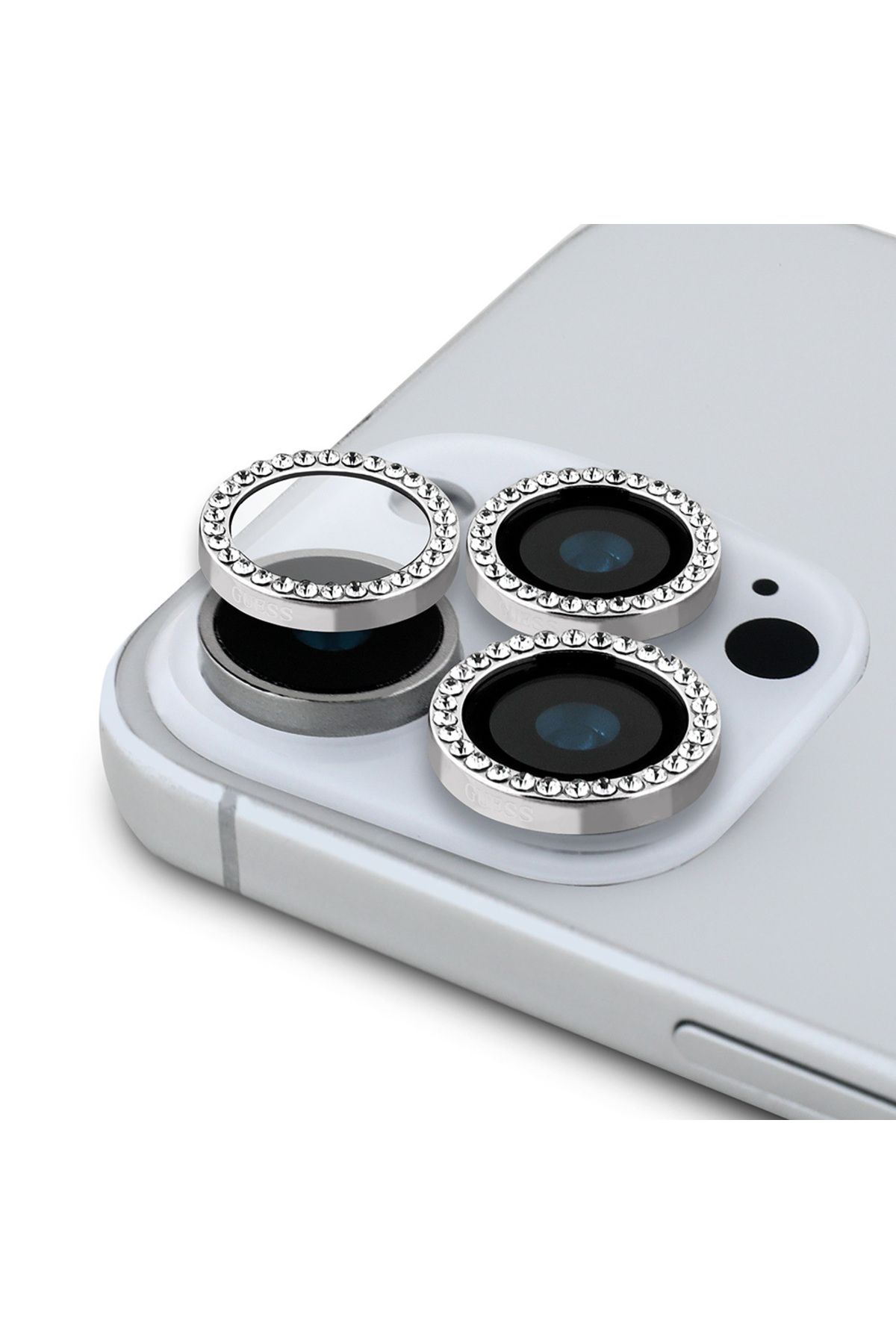 16 Pro Uyumlu Guess  Lisanslı Rhinestone Taşlı Kamera Lens Koruyucu Gümüş