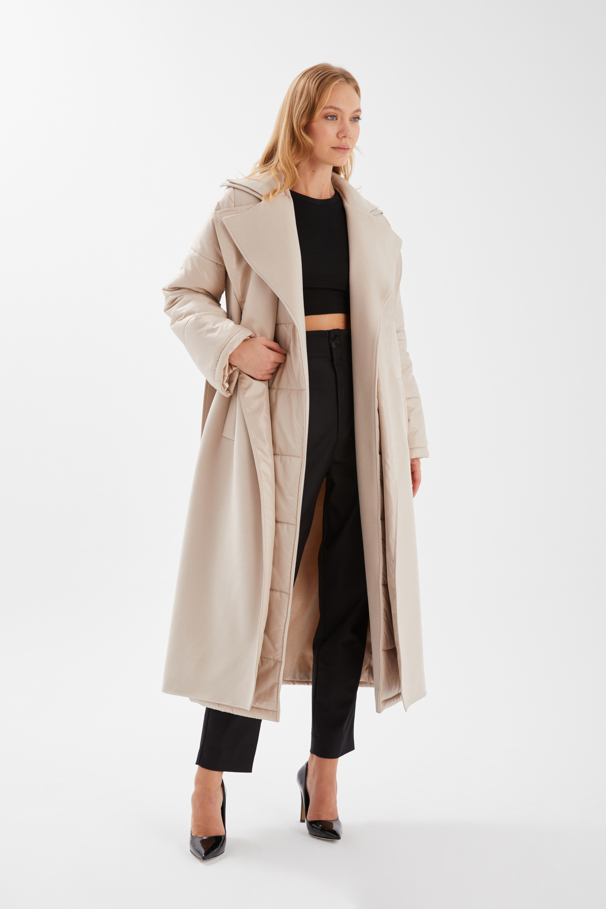 ŞEYDA ERTEM  BEJ YÜNLÜ KAŞE PUFFER UZUN KALIN MANTO - Görsel 3