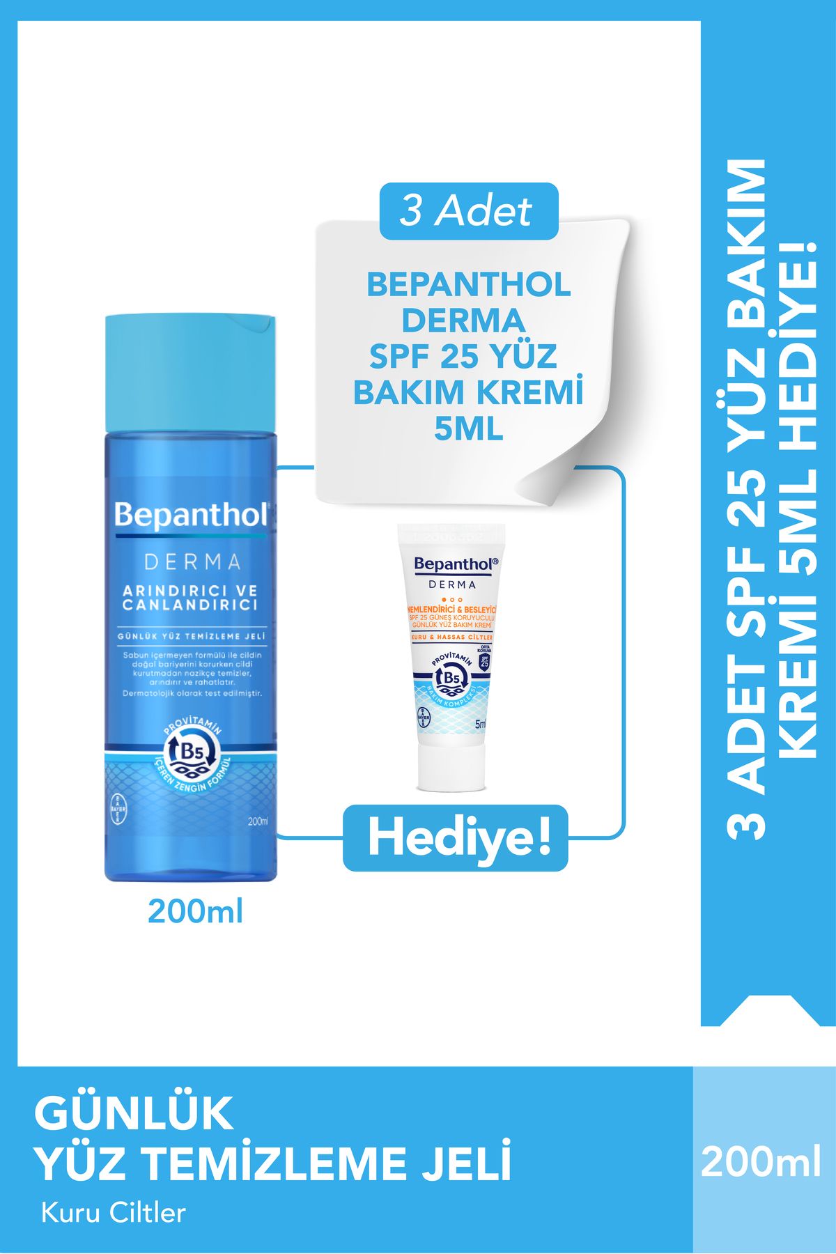 Bepanthol Derma Yüz Temizleme Jeli 3 Adet Derma Spf 25 Yüz Bakım Kremi 5ml Hediyeli