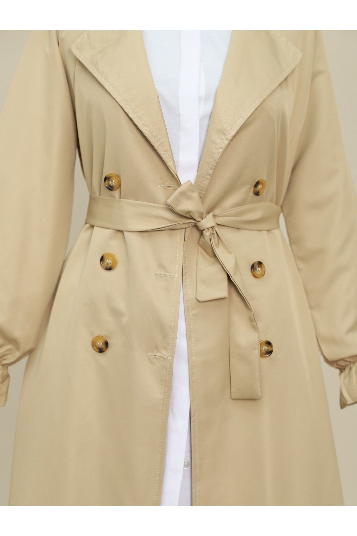 Modamorfo-Double Button Cuff Elastic Waist Tie Trench Coat - Light Mink 3