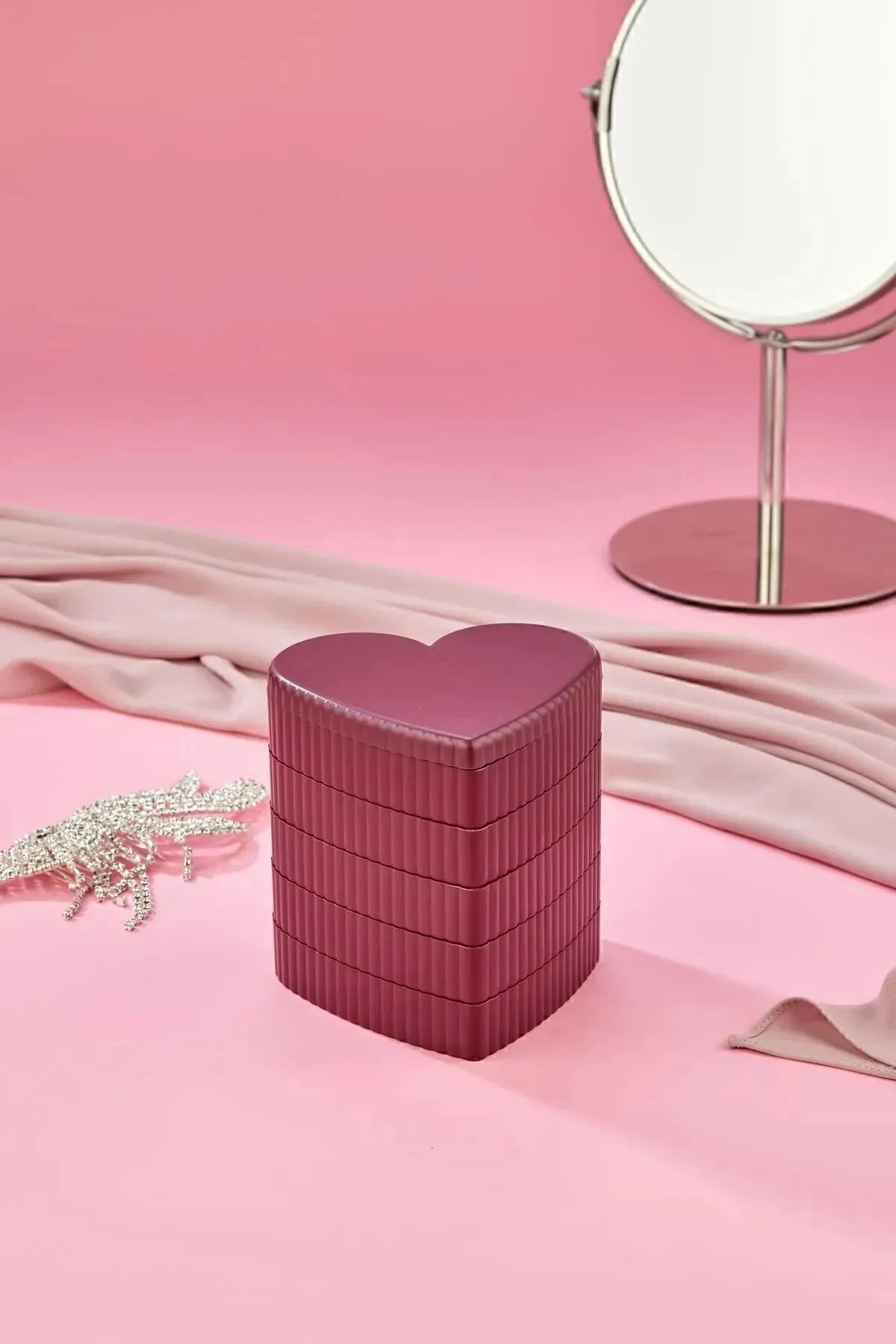 Poomy-360 Degree Rotatable 5 Layer Mirrored Heart Organizer Box 4