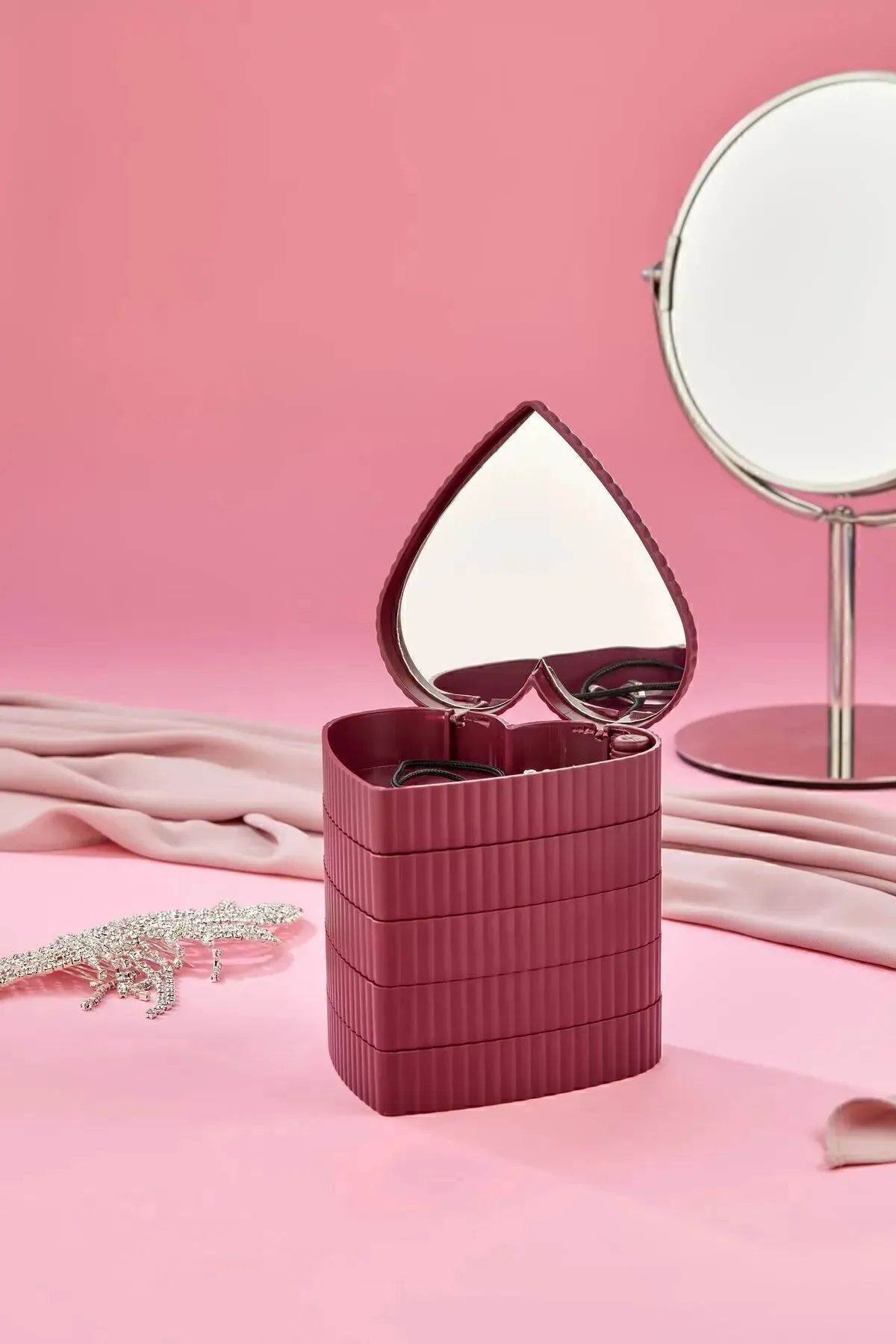 Poomy-360 Degree Rotatable 5 Layer Mirrored Heart Organizer Box 5