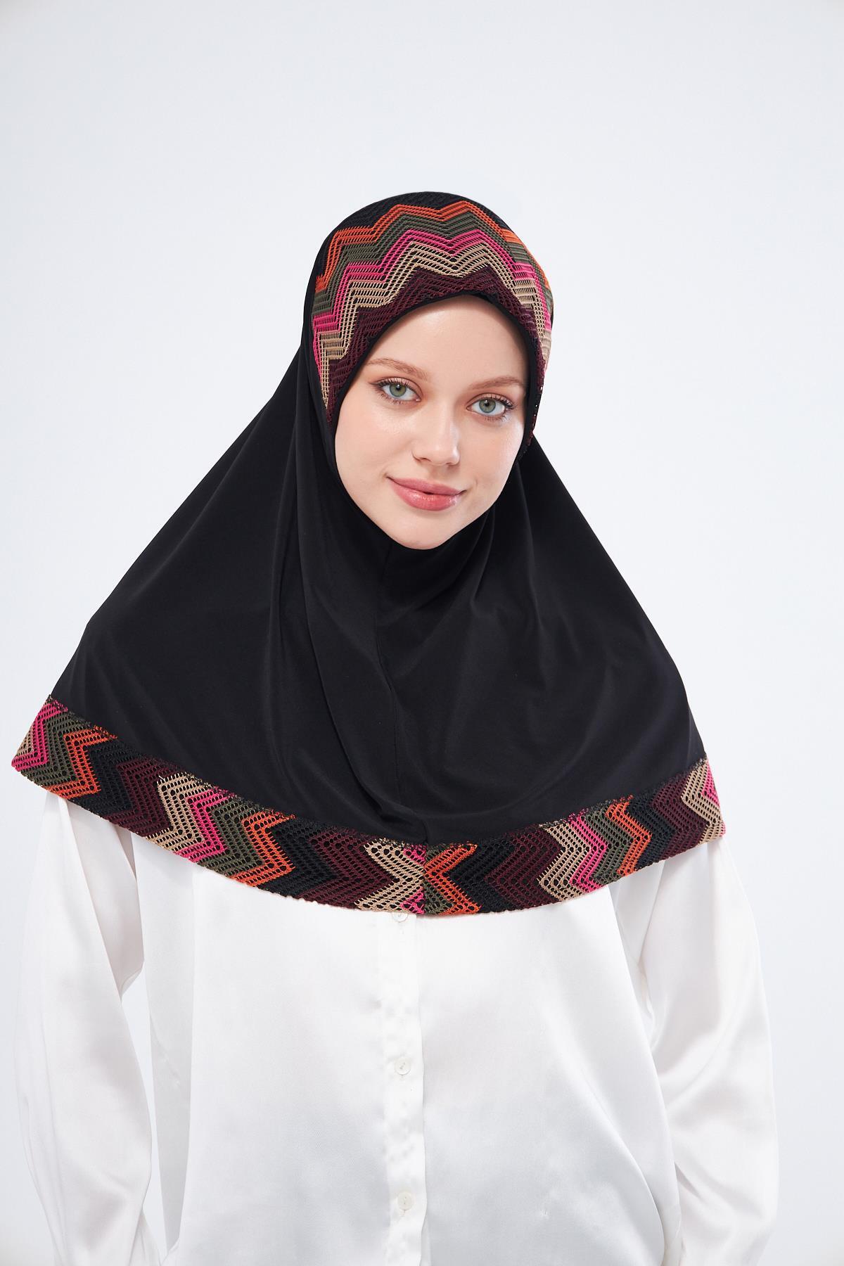 HÜRREM BONE-Practical Ready-Made Black Hijab Scarf - Sandy Colorful Patterned Mesh 2401_01 5