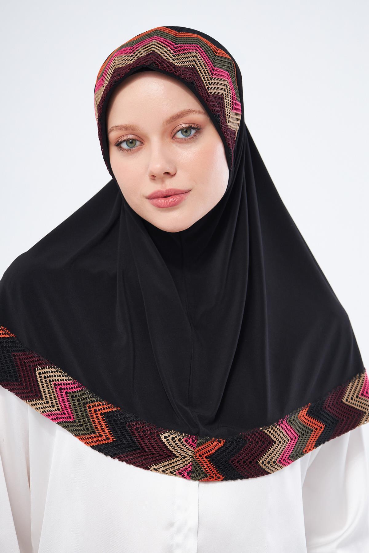 HÜRREM BONE-Practical Ready-Made Black Hijab Scarf - Sandy Colorful Patterned Mesh 2401_01 8