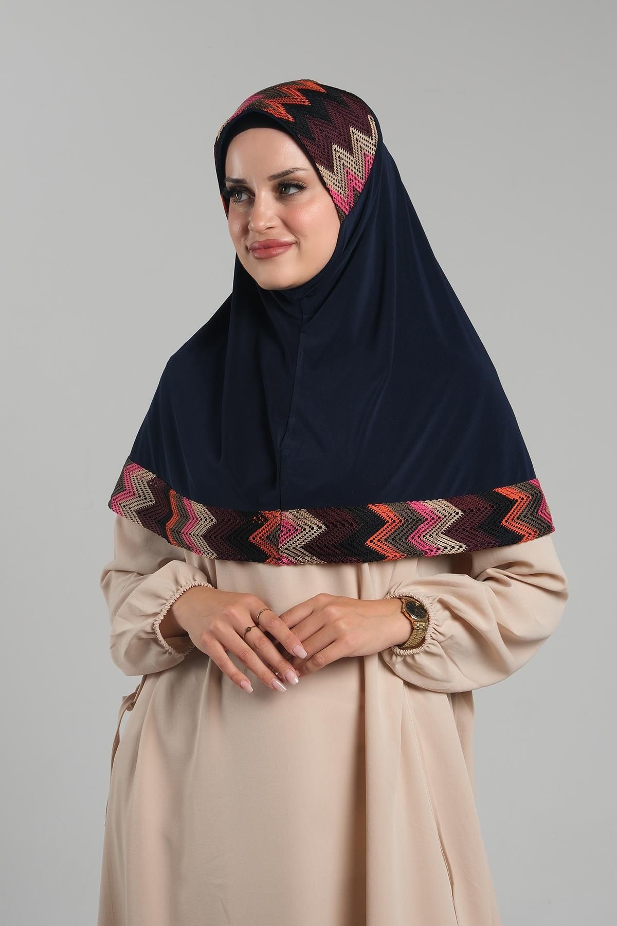 HÜRREM BONE-Practical Navy Blue Hijab Scarf - Ready-Made Snap-On, Colorful Patterned Mesh 2401_02 2