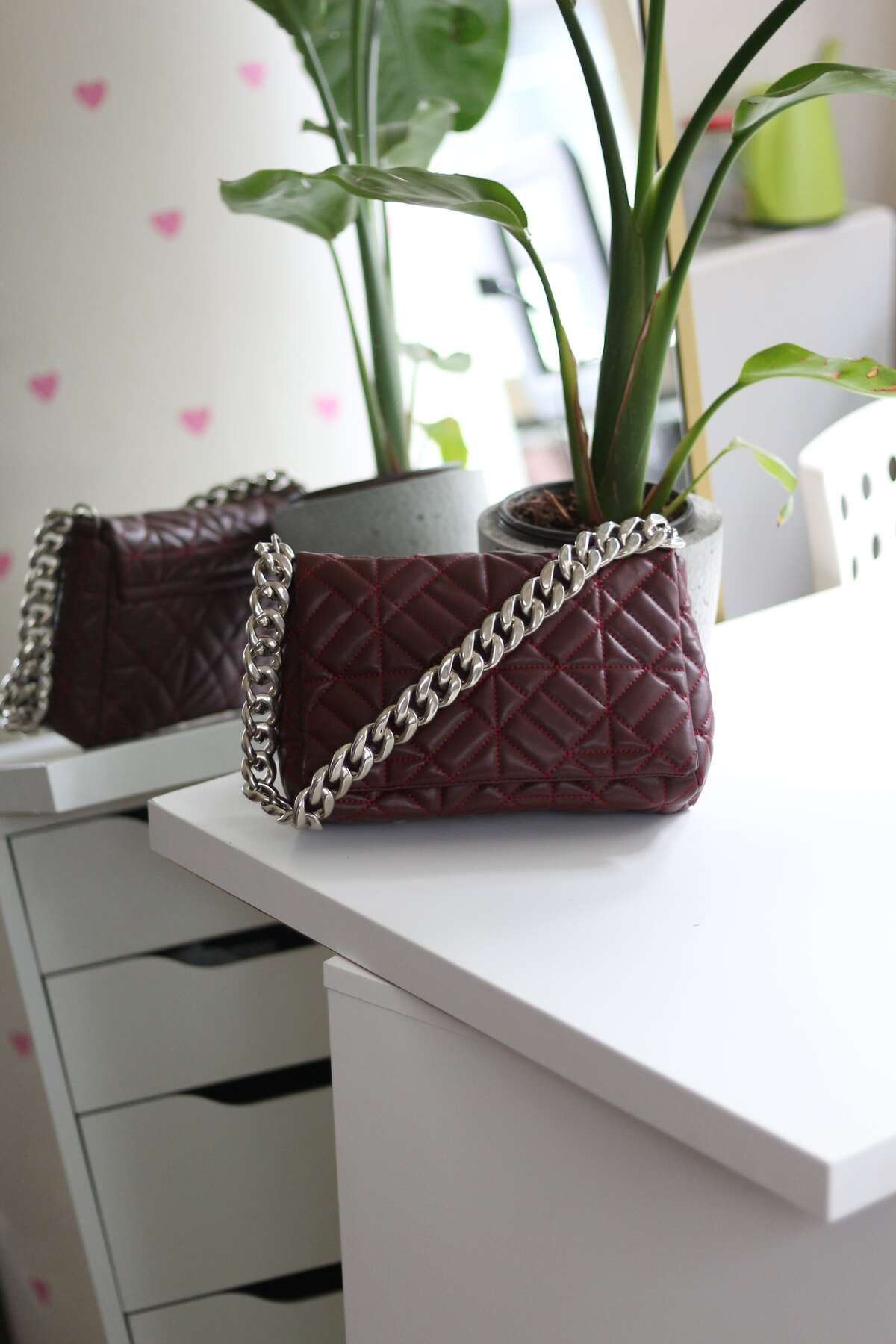 Moom Bag-Women's Burgundy Quilted Patterned Silver Chain Accessory Detailed Shoulder Bag 1