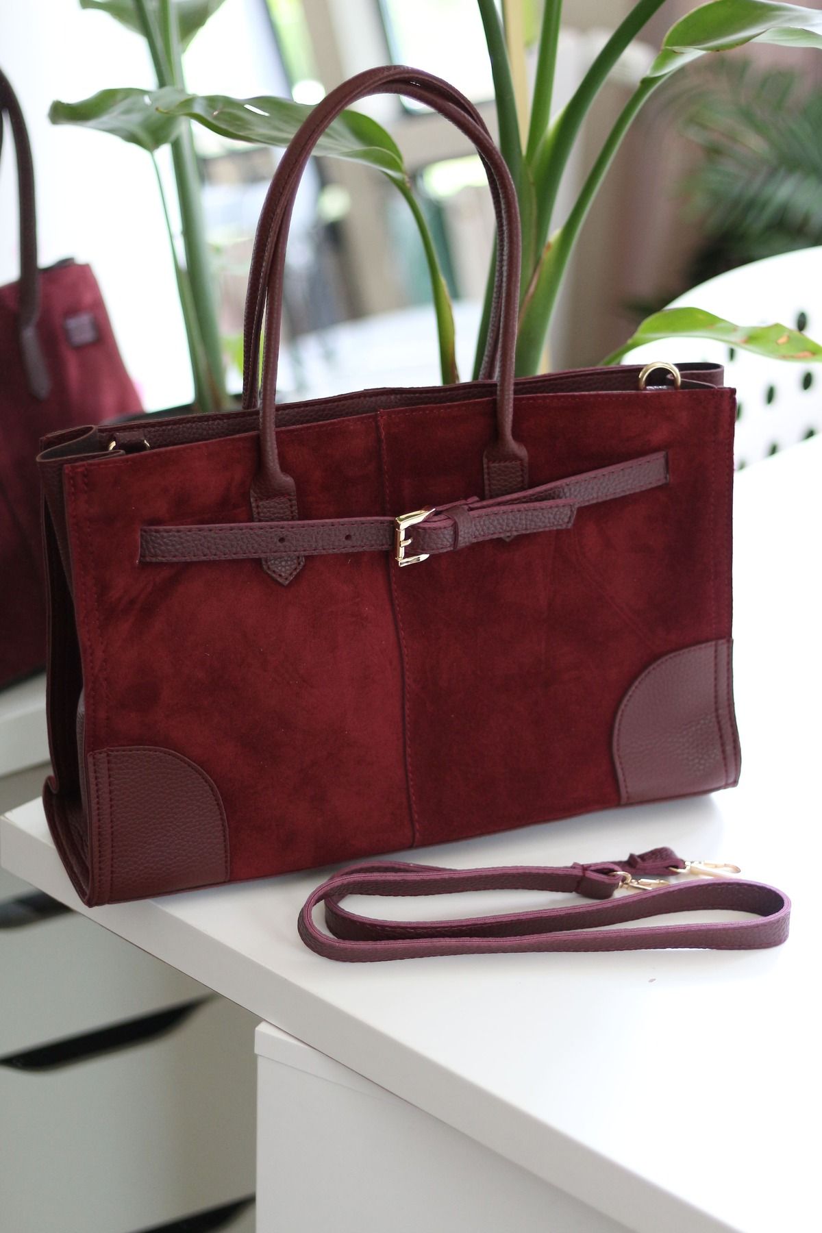 Moom Bag-Women's Burgundy Suede Large Shoulder Bag with Large Clasp Detail 3