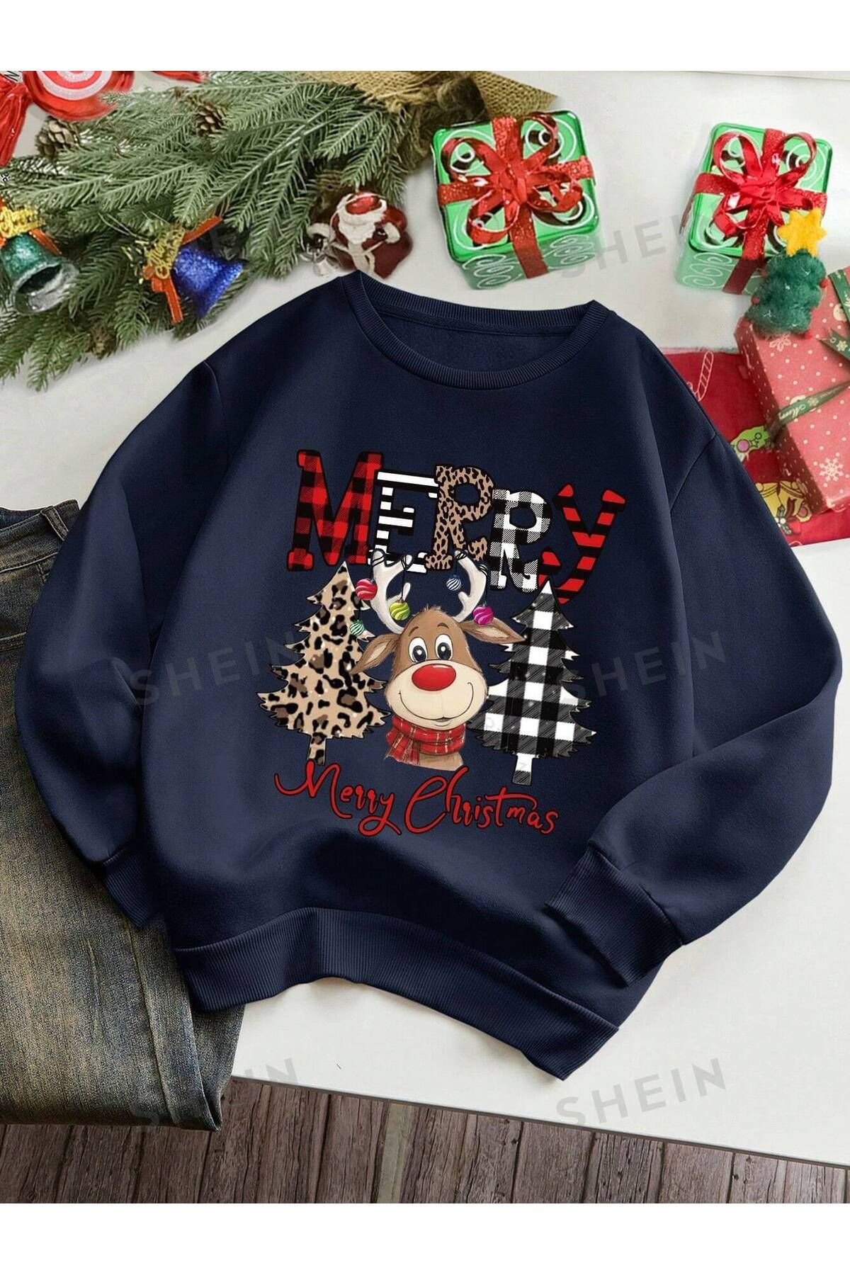 Black Sokak-Unisex Navy Blue Deer Merry Chirtmas Printed Oversize Crew Neck Sweatshirt 1