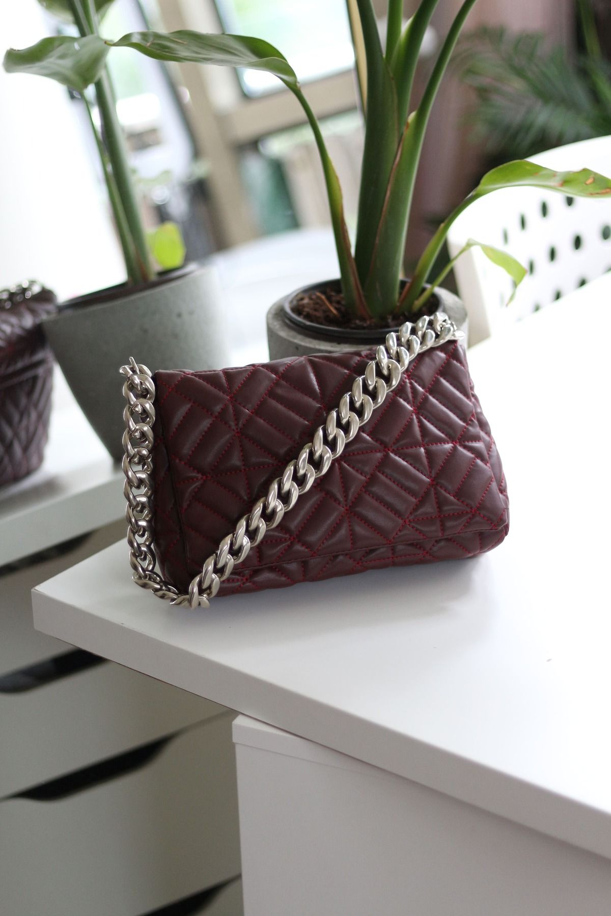 Moom Bag-Women's Burgundy Quilted Patterned Silver Chain Accessory Detailed Shoulder Bag 2