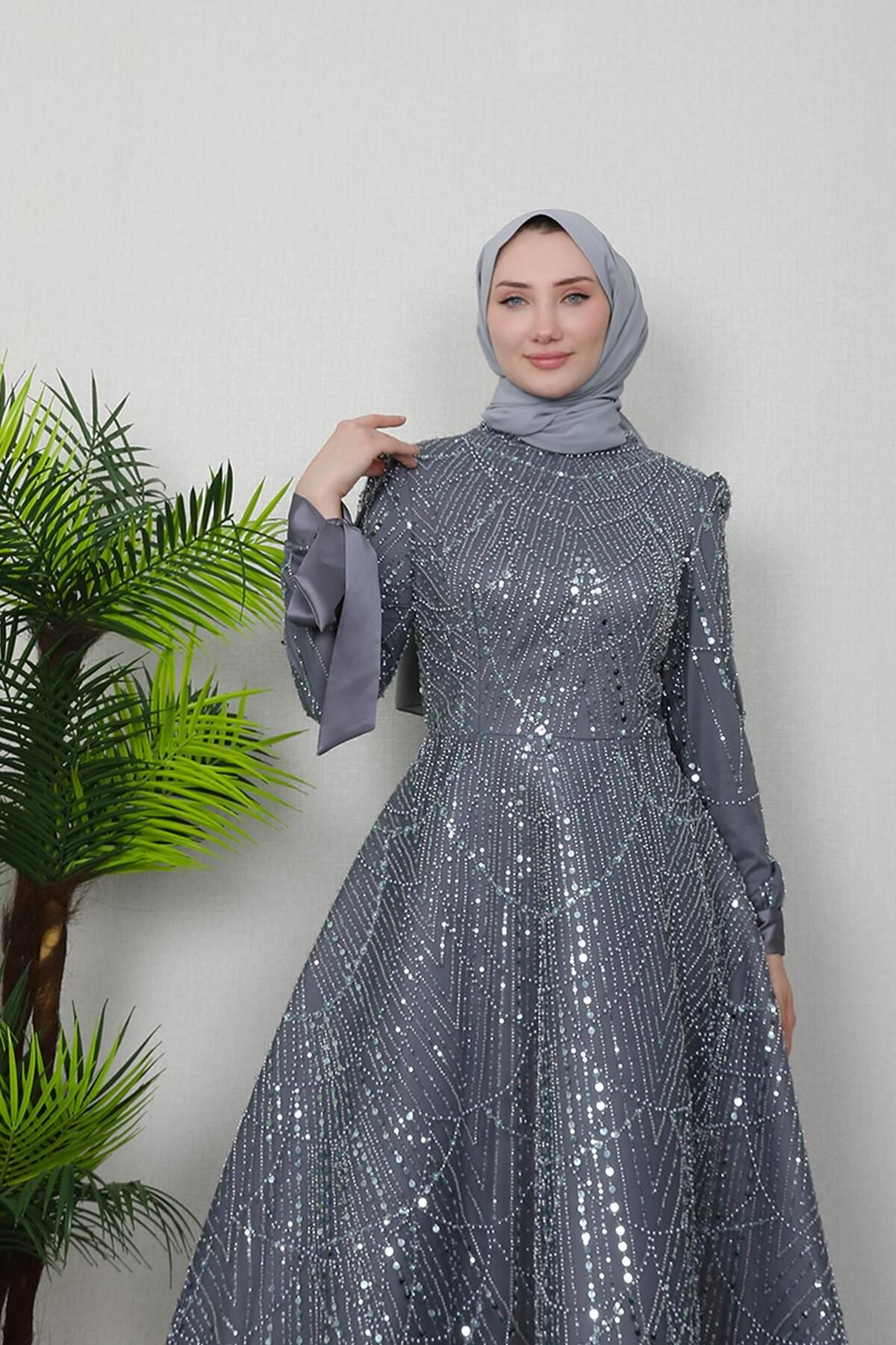 GİZ AGİYİM-Dark Gray Mahur Hijab Evening Dress 5