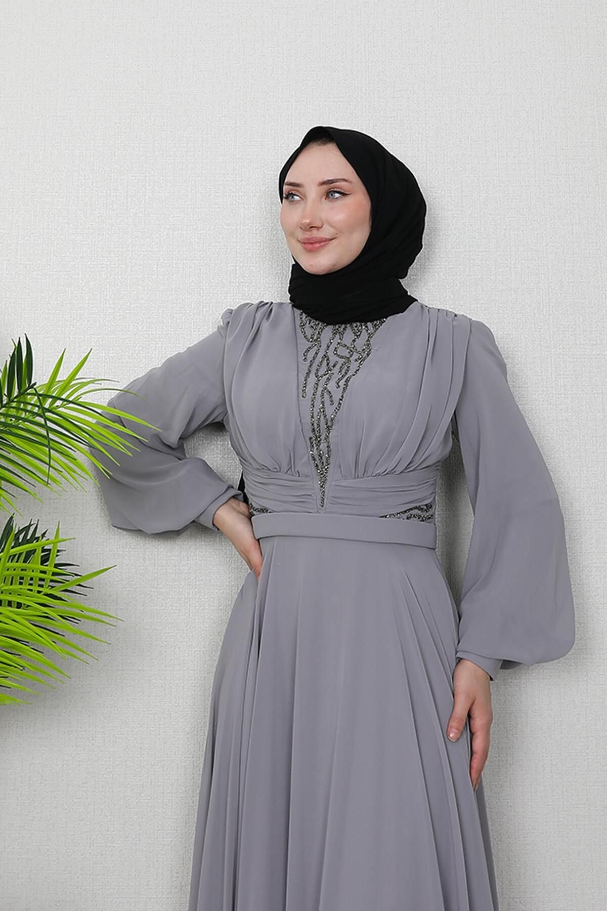 GİZ AGİYİM-Gray Wormwood Chiffon Stone Evening Dress 5