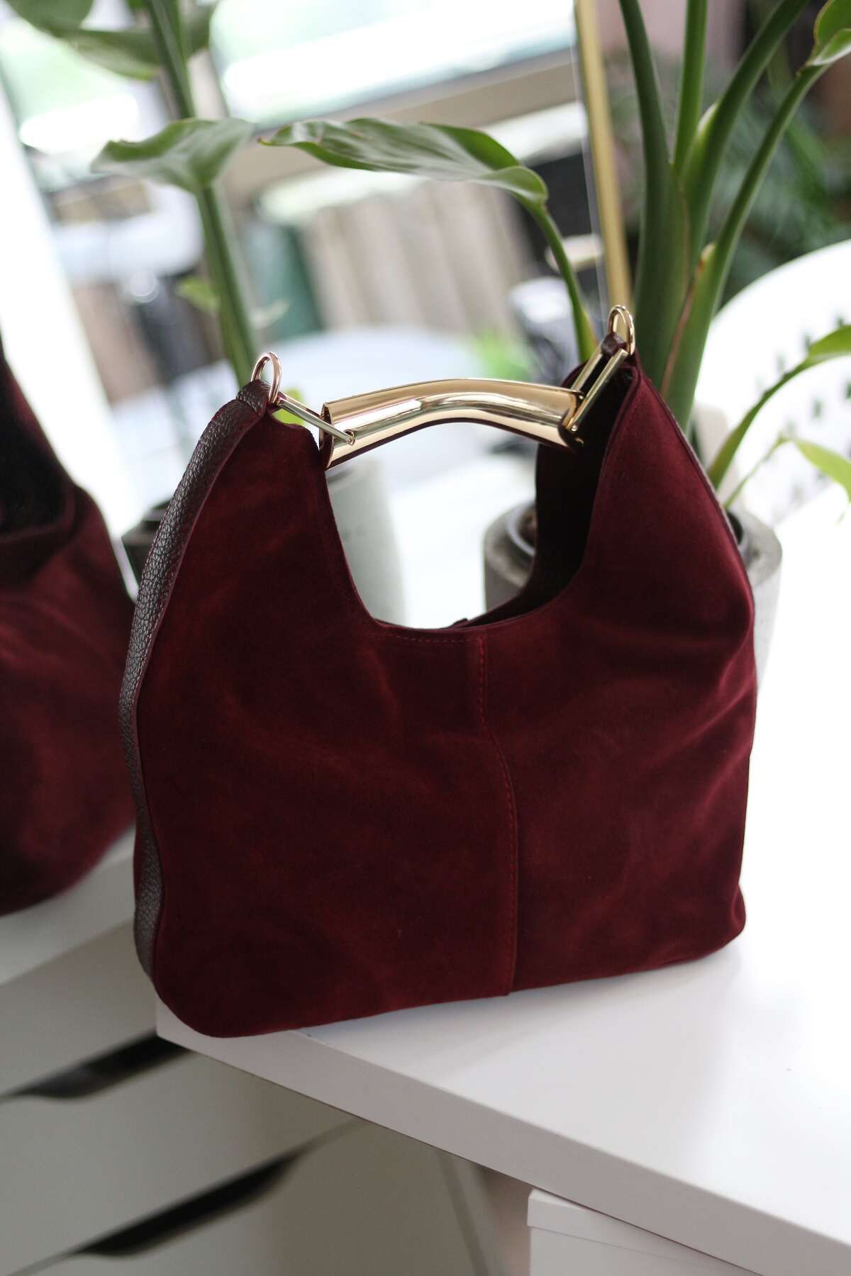 Moom Bag-Women's Burgundy Suede Metal Handle Detailed Shoulder Bag 2