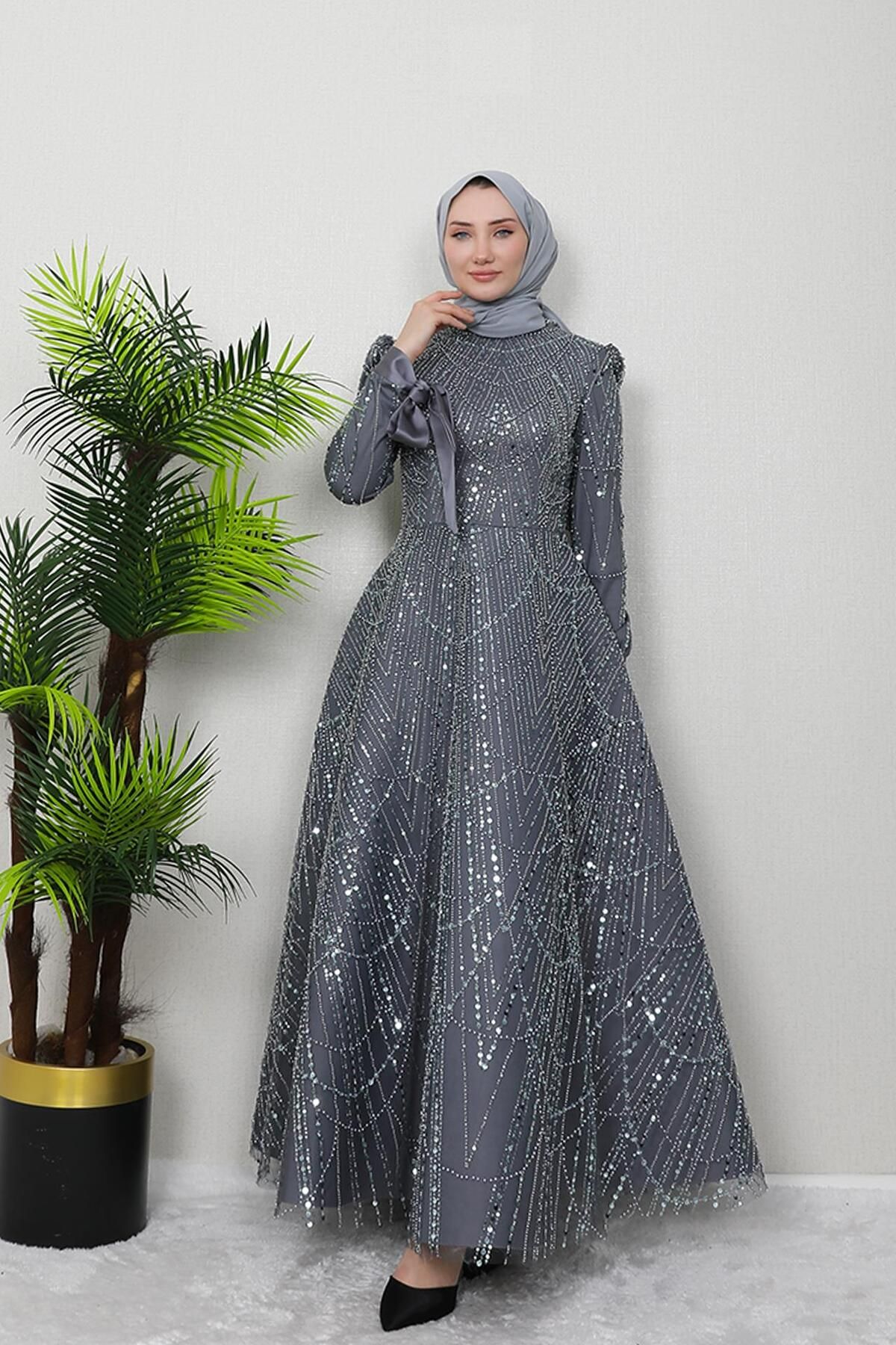 GİZ AGİYİM-Dark Gray Mahur Hijab Evening Dress 1