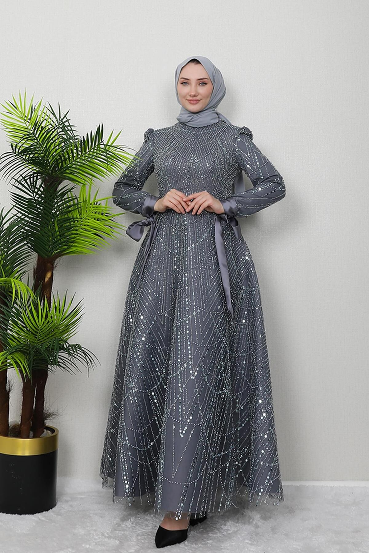 GİZ AGİYİM-Dark Gray Mahur Hijab Evening Dress 3