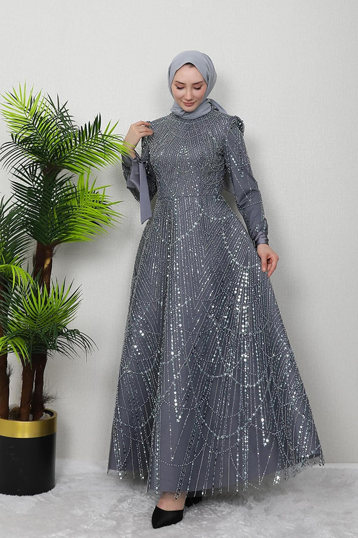 GİZ AGİYİM-Dark Gray Mahur Hijab Evening Dress 4