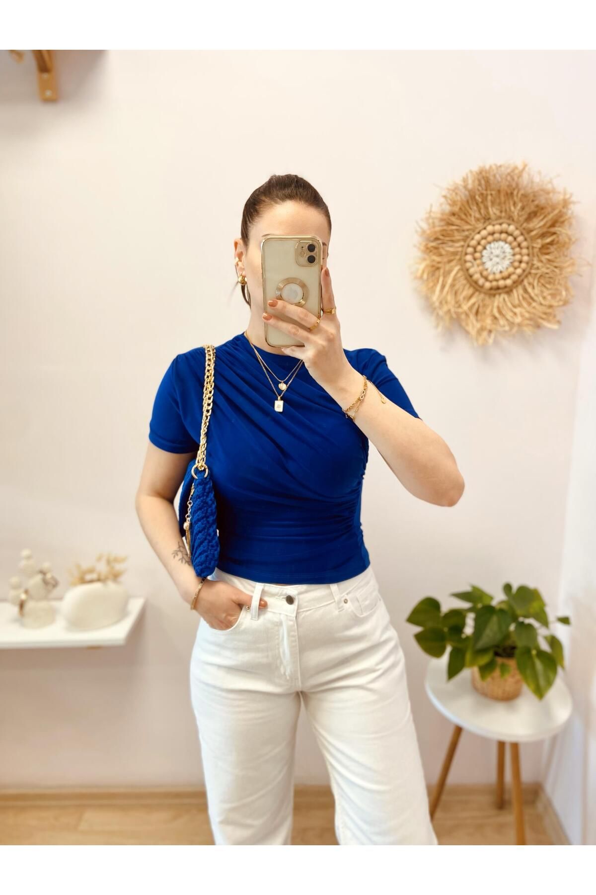 SIPAHI SAKS MAVİ YANDAN BÜZGÜLÜ SANDY BLUZ