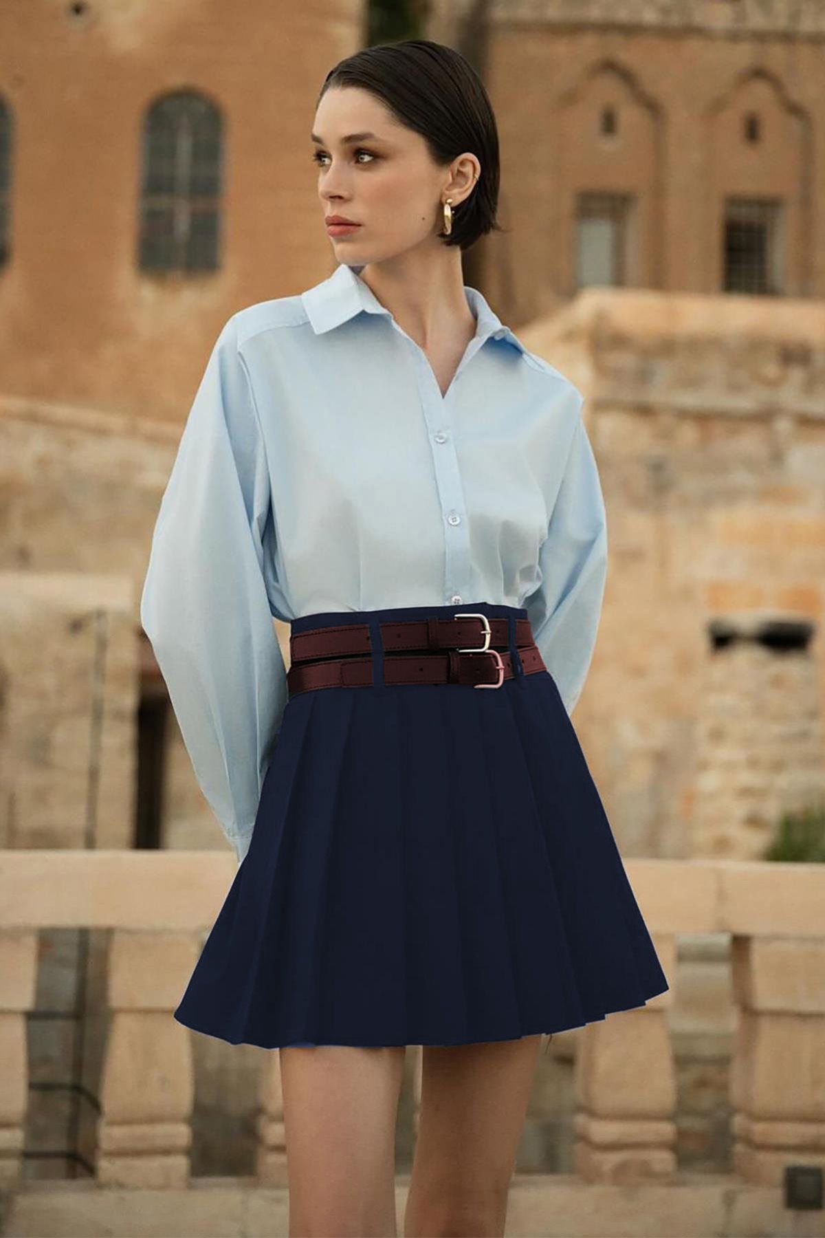 Madmext-Navy Blue Pleated Women's Skirt with Two Belts Mg2246 1