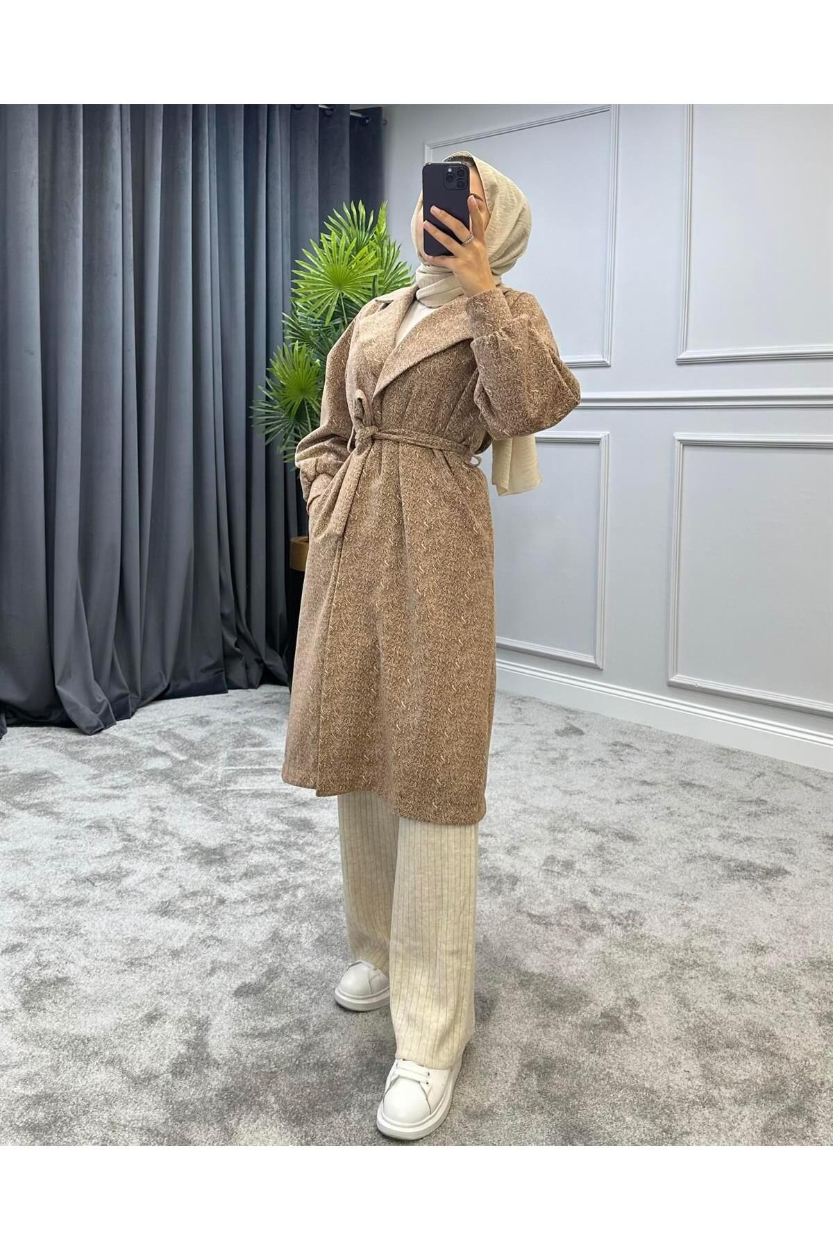 کت پوشیده چند رنگ زنانه شتر COAT اورجینال MERVEN AKYÜZ