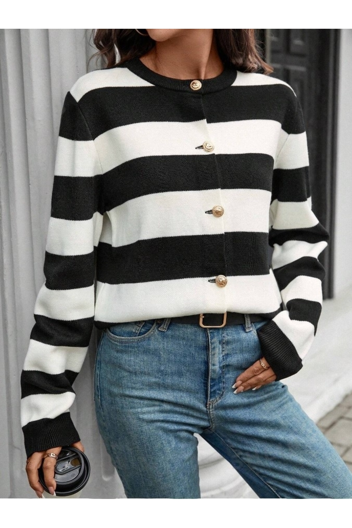 Dier Moda  Triko Şeritli Kısa Hırka - Görsel 3