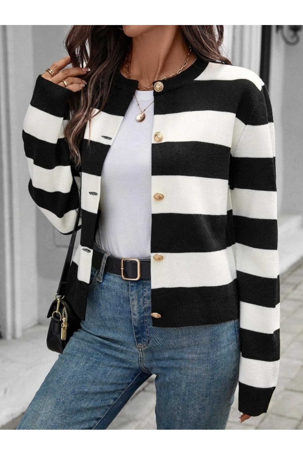 Dier Moda  Triko Şeritli Kısa Hırka - Görsel 7