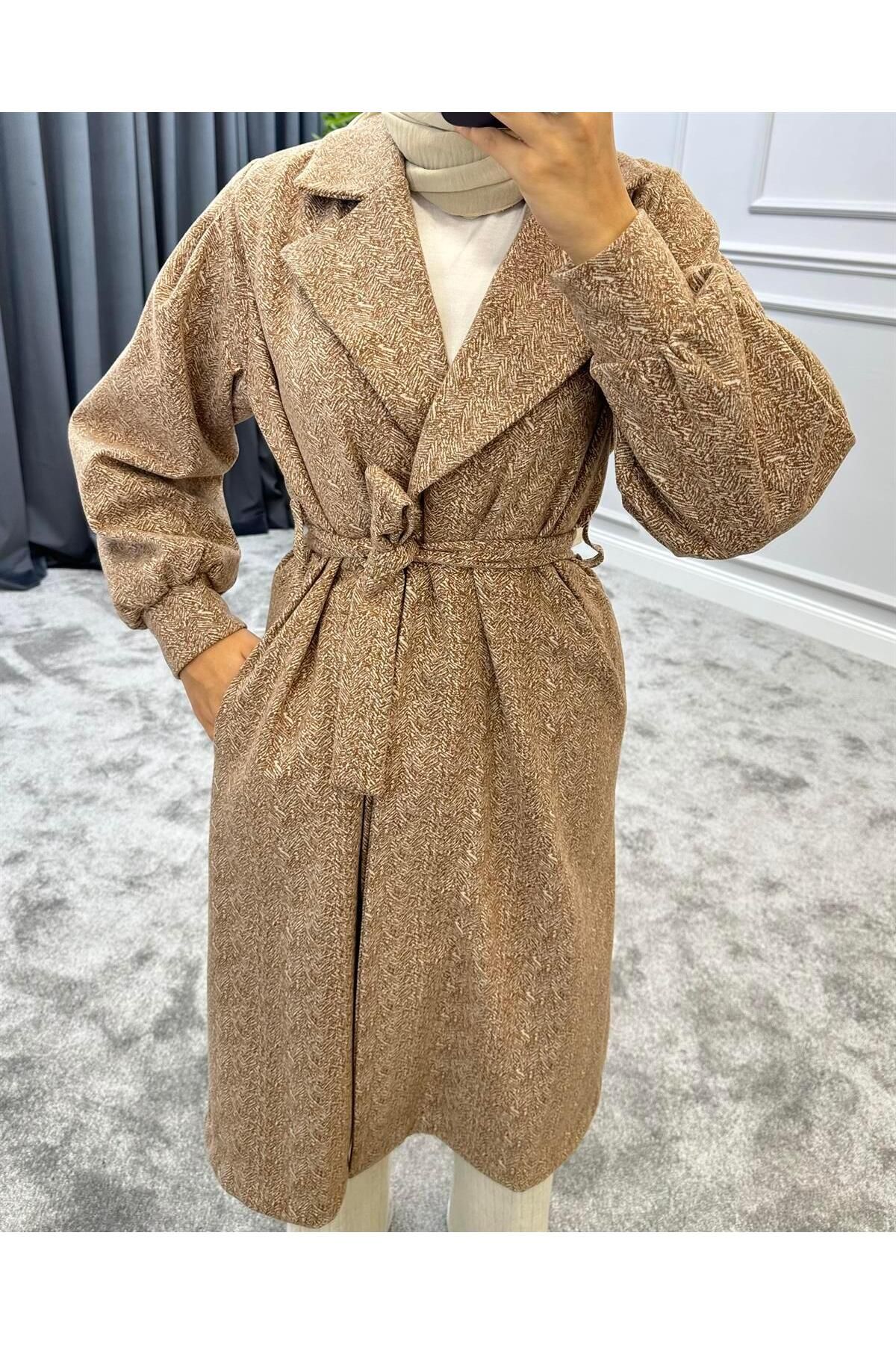 کت پوشیده چند رنگ زنانه شتر COAT اورجینال MERVEN AKYÜZ