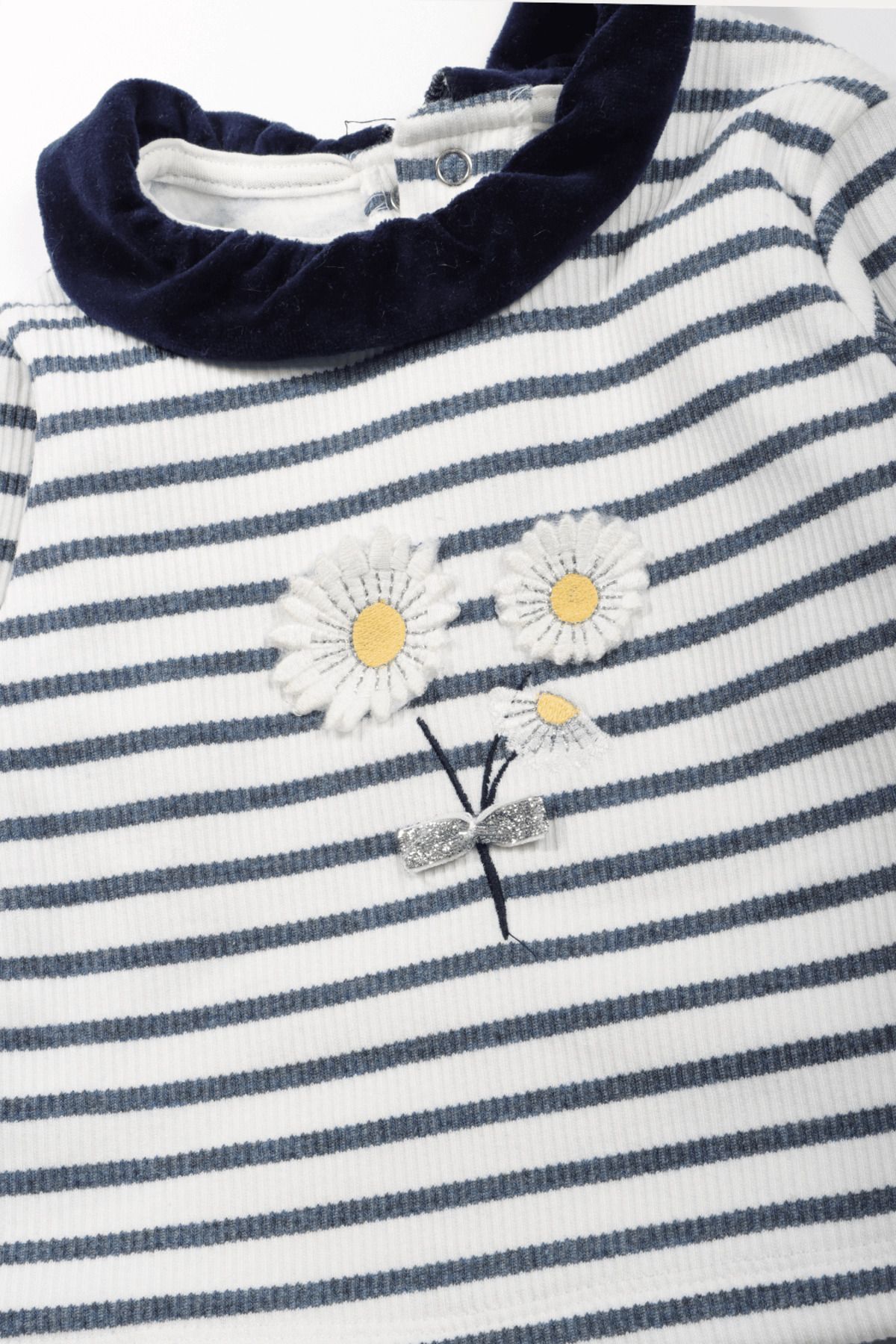 Biminik-Daisy Stripe Detailed Velvet Baby Girl Double Set 6