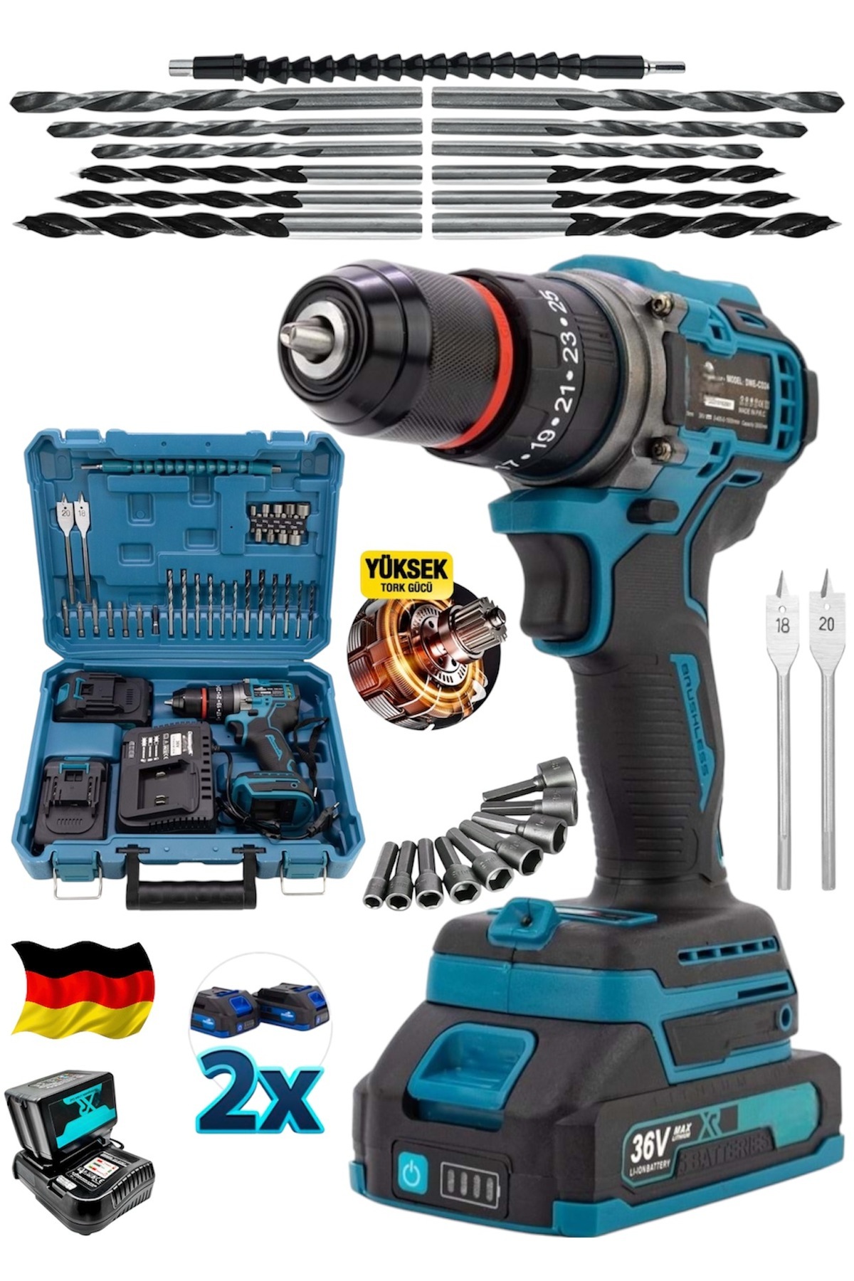 SCHUTZENGER ALMAN ŞARJLI 980F KÖMÜRSÜZ MOTOR ÇELİK MANDREN AKÜLÜ DARBELİ MATKAP 10MM VİDALAMA BLUE