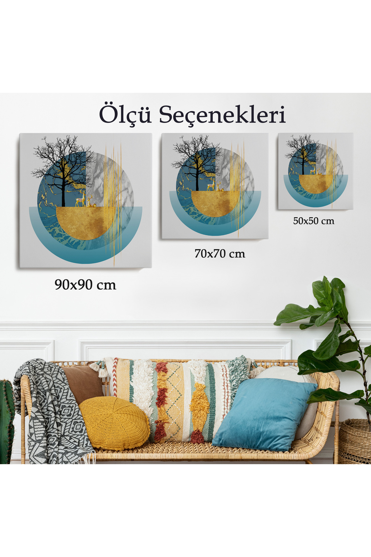 Soyut Geometri Ağaç Ve Geyik Kanvas Tablosu görsel 3
