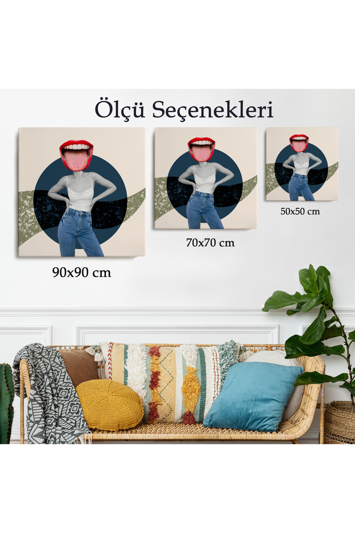 Kot Pantolonlu Gülümseyen Kadın Kanvas Tablo görsel 3