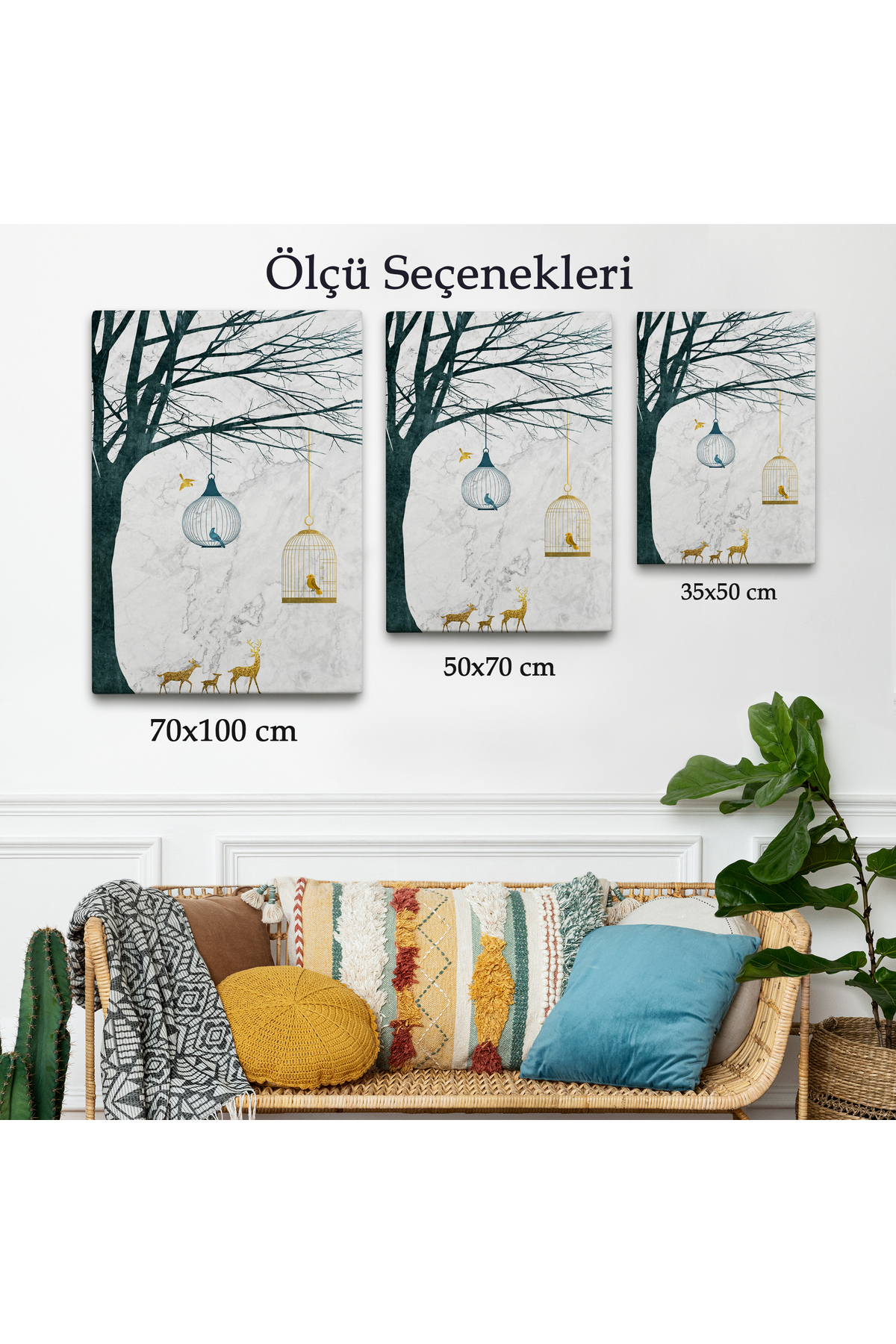 Geyikler Ve Kafesteki Kuşlar Kanvas Tablo görsel 3