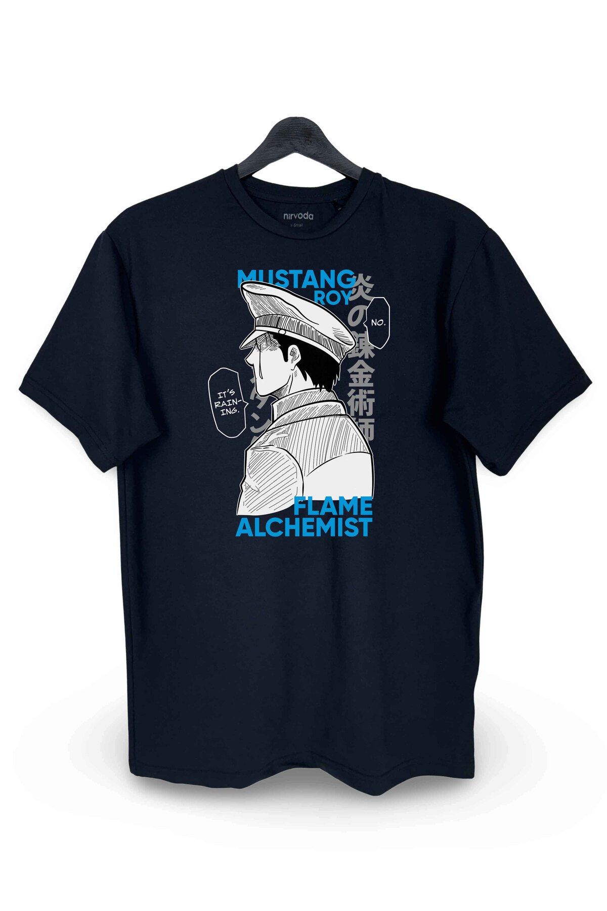 nirvoda Roy Fullmetal Alchemist Baskılı Loose Fit Bisiklet Yaka Unisex Tişört Siyah