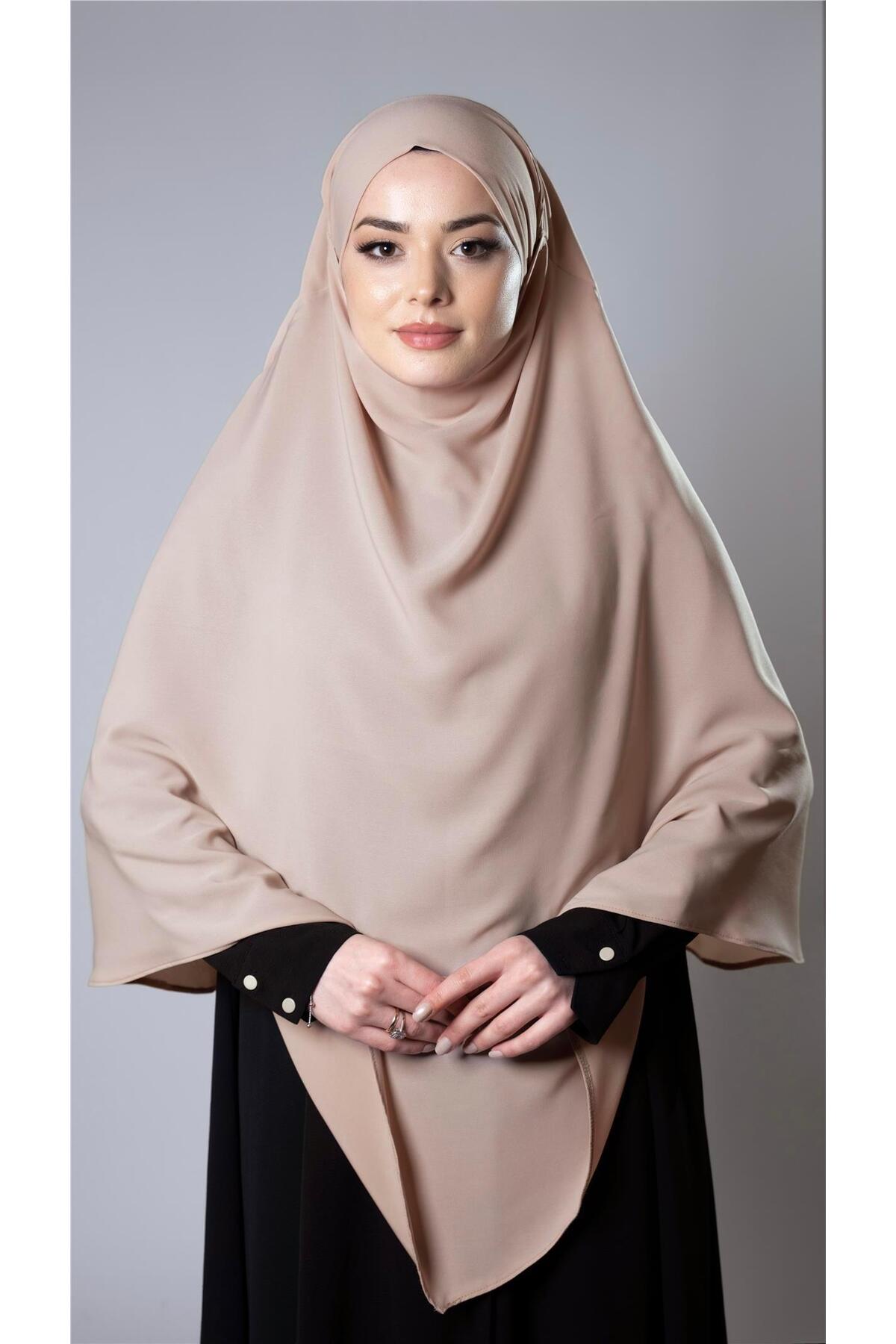 Beige Practical Ready-to-Place Hijab Scarf Medina Silk Laced Double Layer Souffle Hijab 2302_12