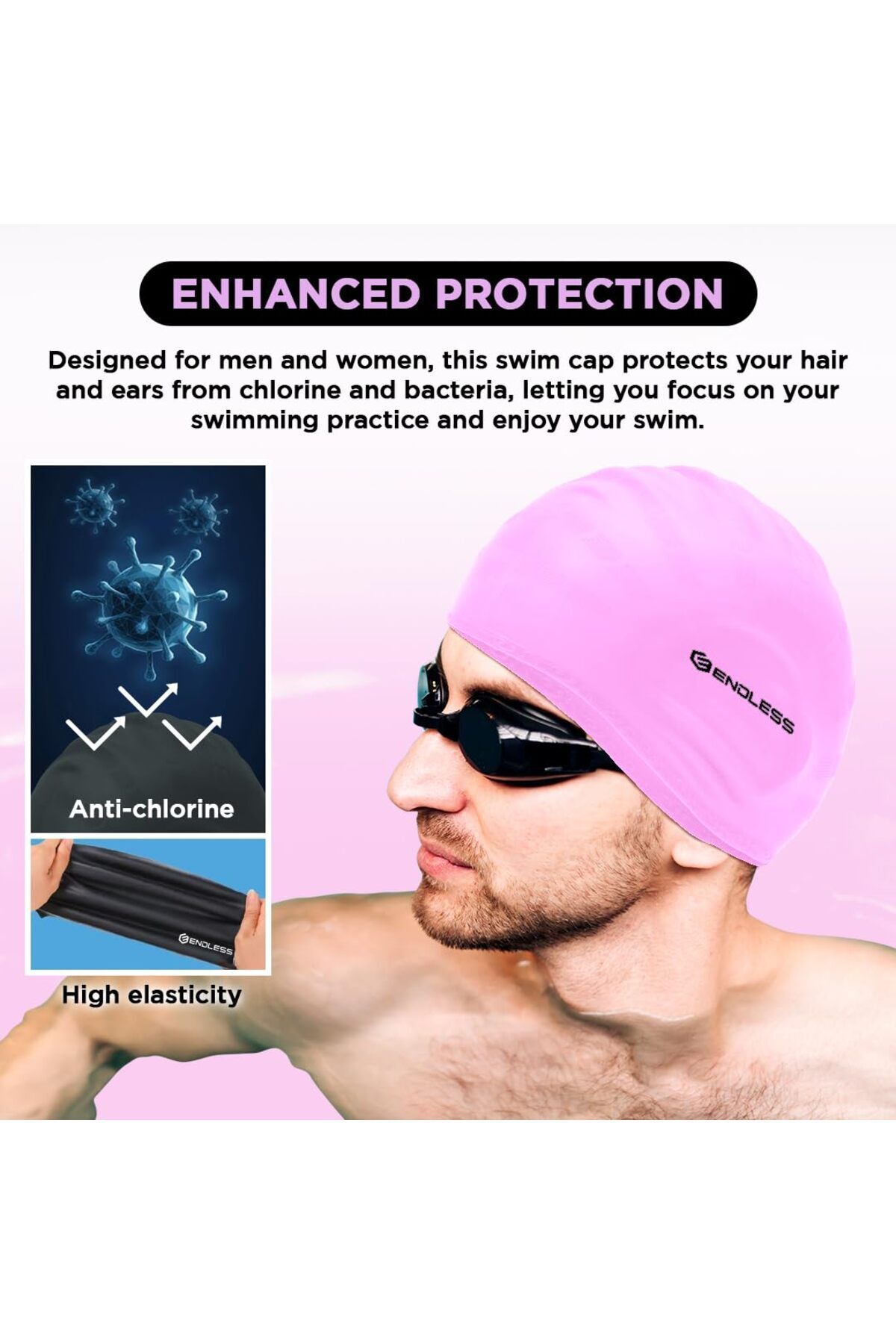 Endless-Comfortable Silicon Swimming Cap | Ergonomic Ear Pockets | Waterproof | Pink 4