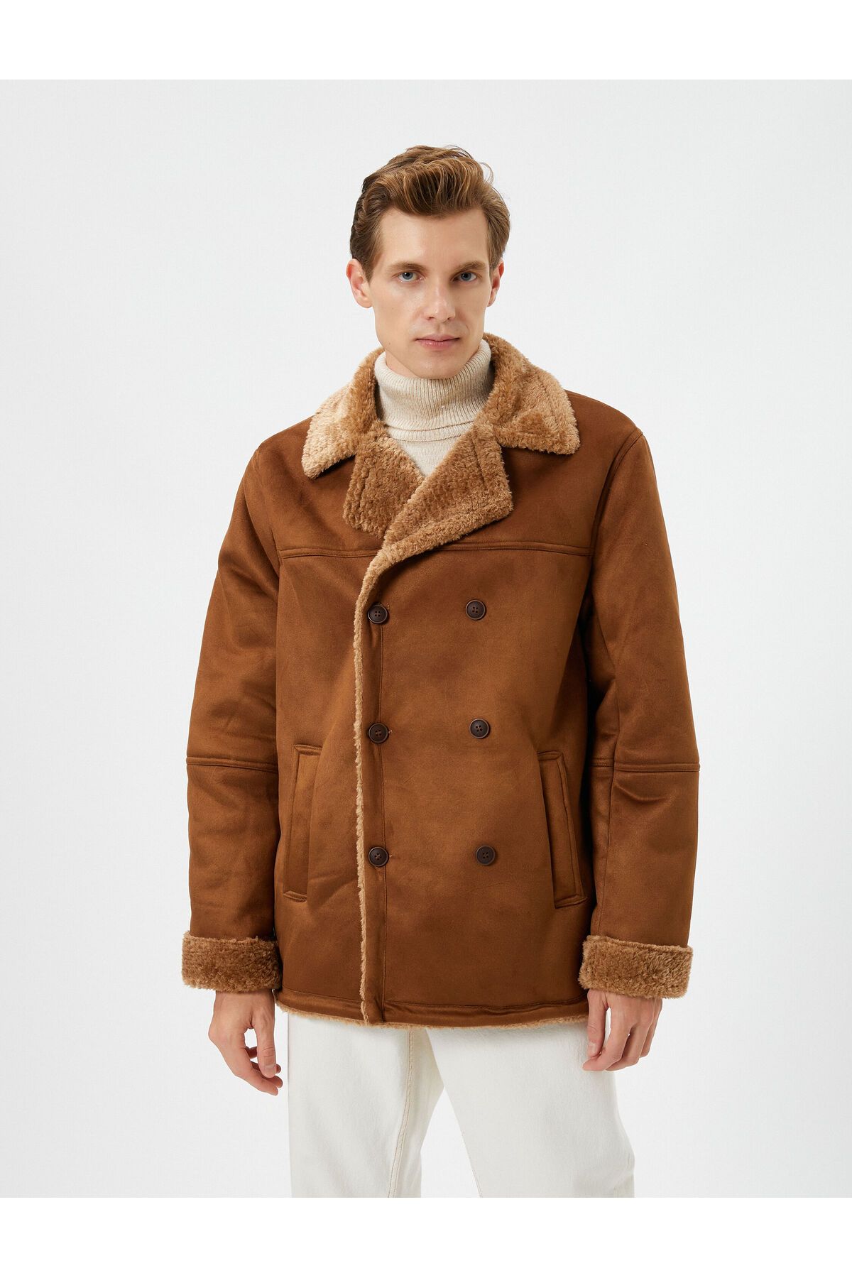 Koton-Suede Look Jacket Double Breasted Plush Inside Collar Buttoned Pocket 3