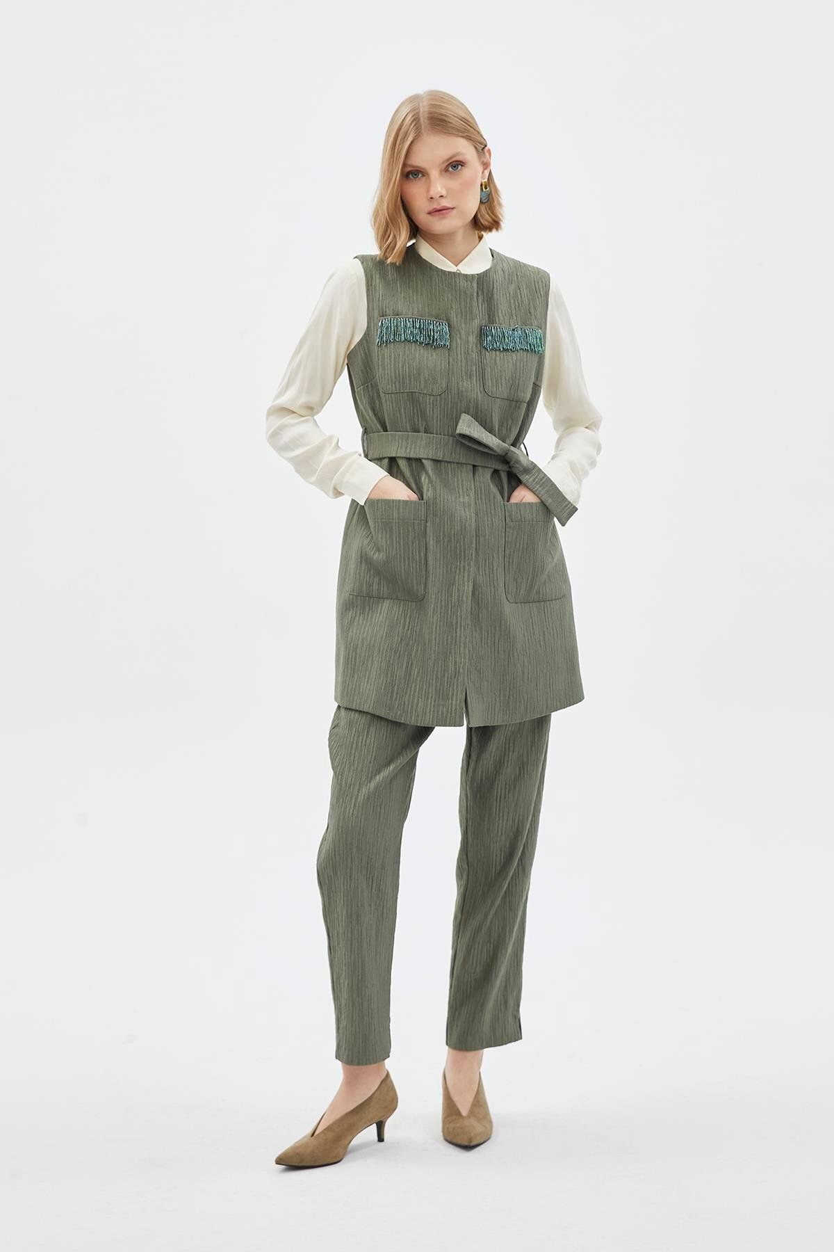 Zühre-Pockets Bead Embroidered Khaki Double Suit Tk-1365 2