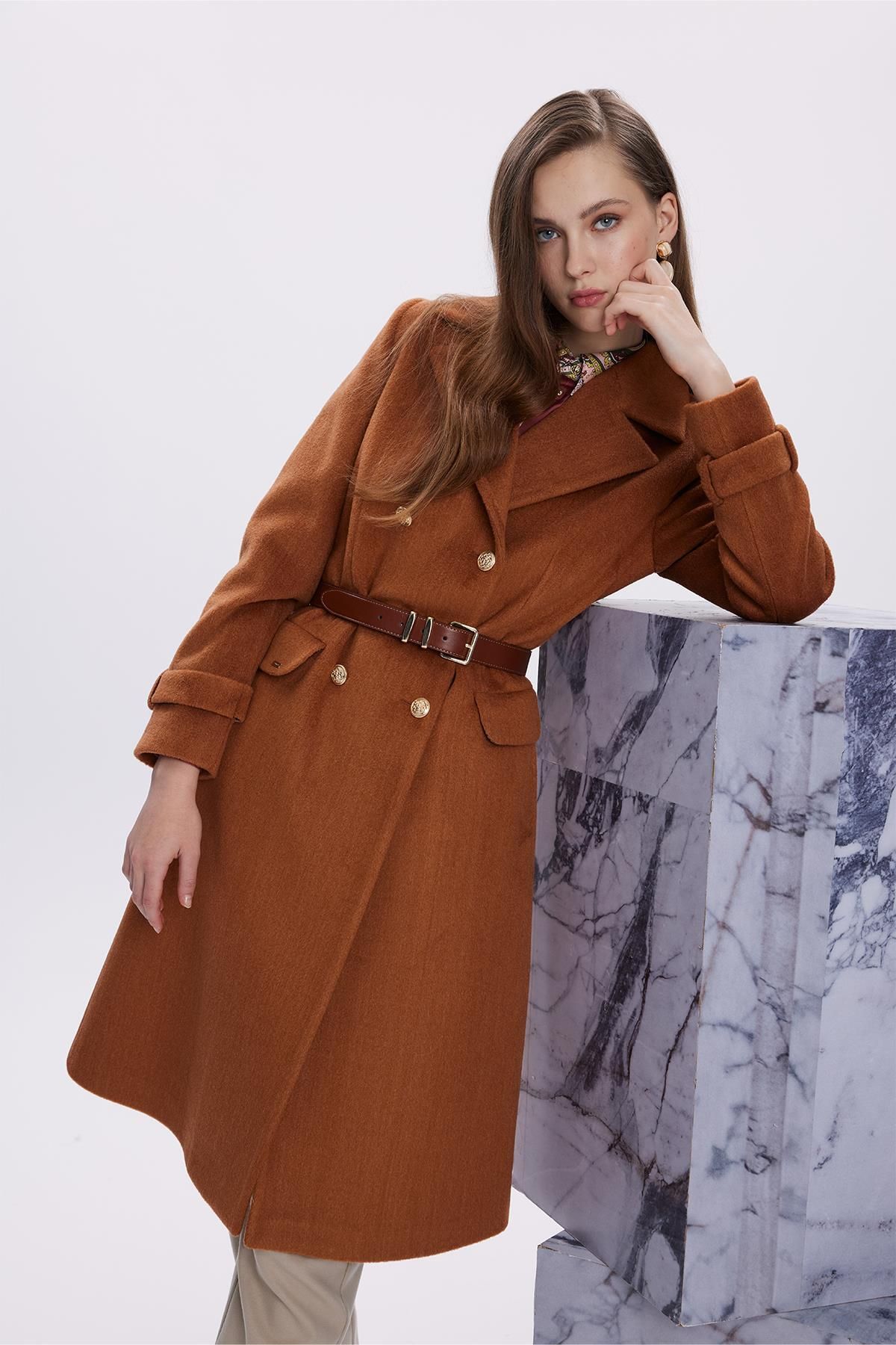 Zühre-Double Breasted Collar Long Tan Coat 13570 3