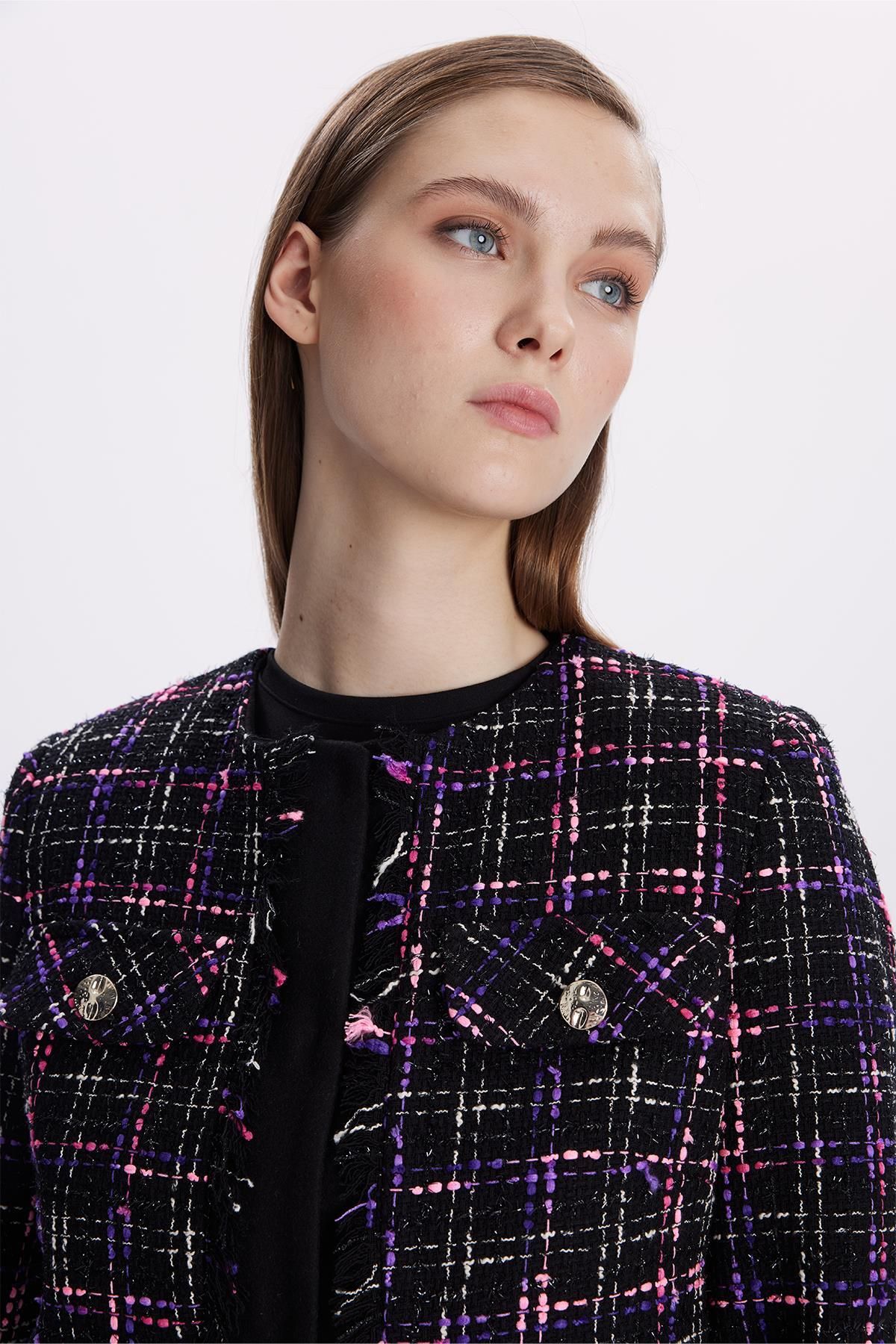 Zühre-Fuchsia Tweed Patterned Button Detailed Set - Tk-1397 4