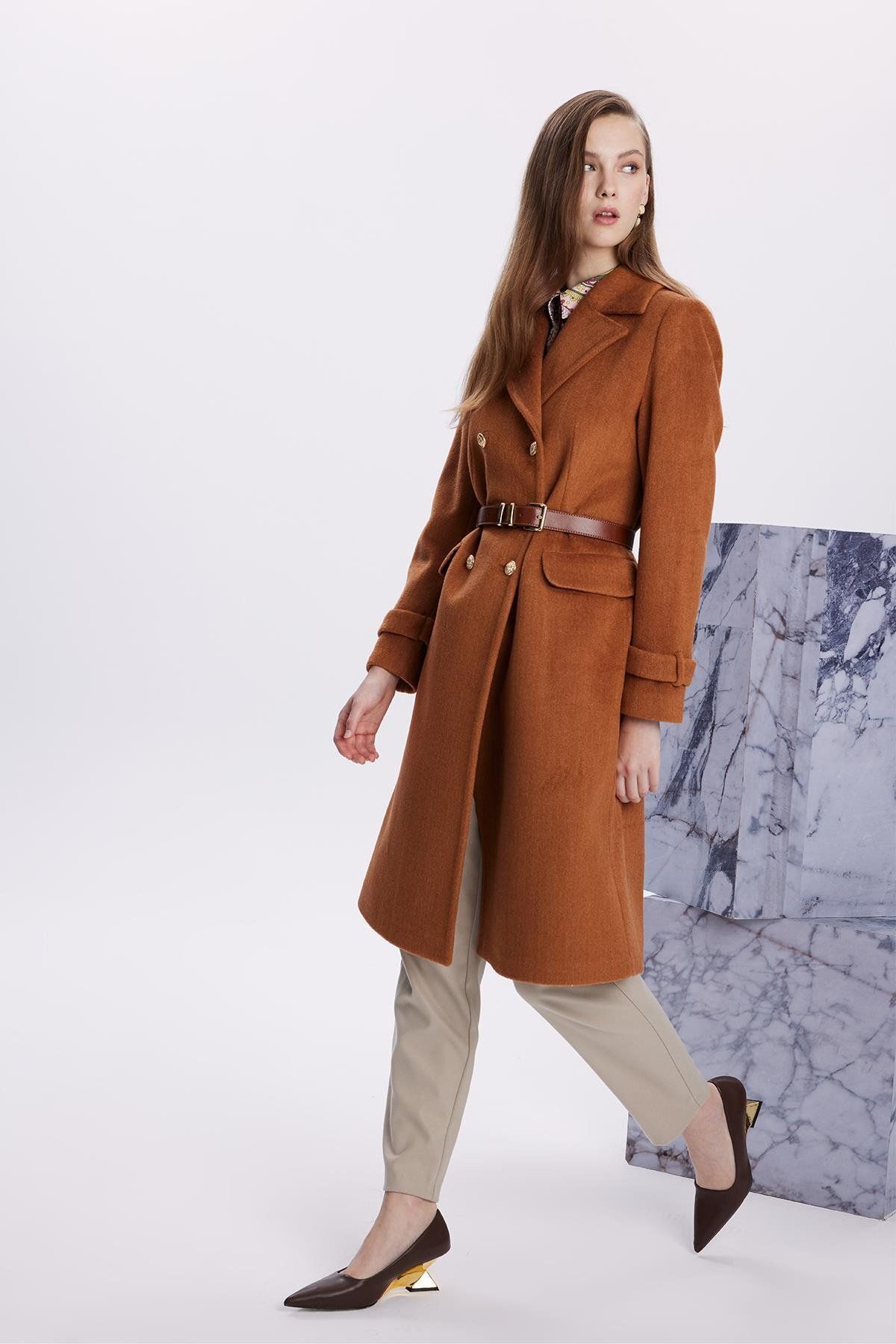 Zühre-Double Breasted Collar Long Tan Coat 13570 4