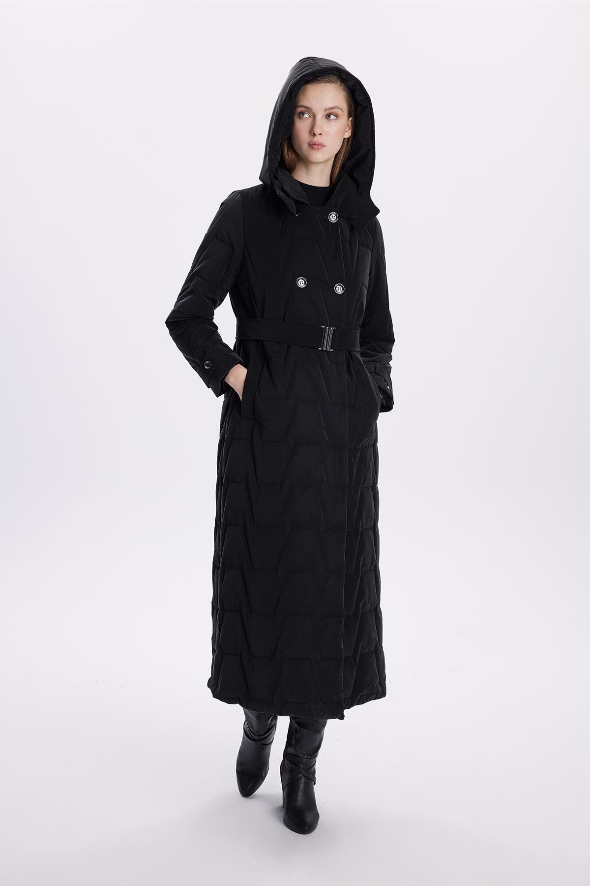 Zühre-Quilted Black Coat with Hooded Belt Detail 13680 4