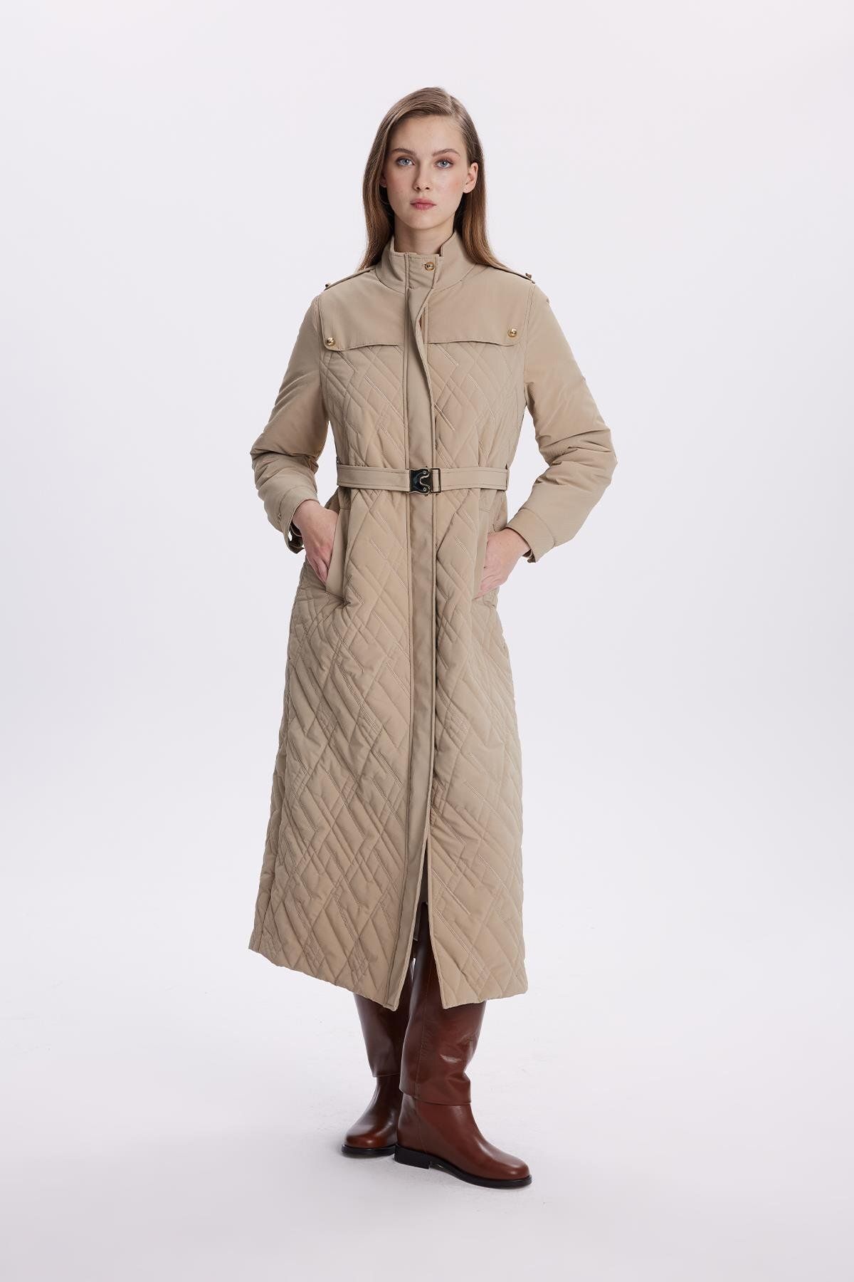 Zühre-Beige Coat with Shoulder Epaulettes and Belt 13714 4