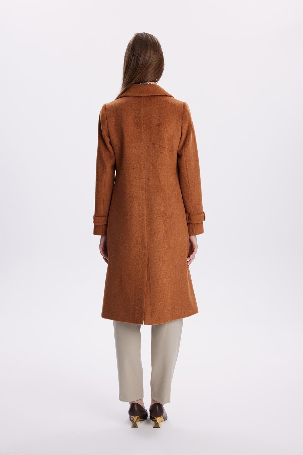 Zühre-Double Breasted Collar Long Tan Coat 13570 6