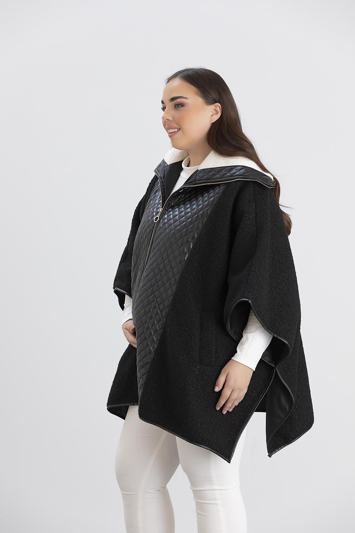 Işşıl-Işşil 9790-Vinleks Faux Leather Boucle Maternity Poncho-Coat 2