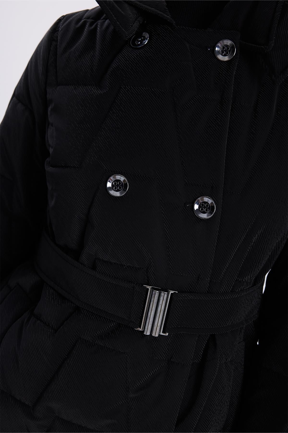 Zühre-Quilted Black Coat with Hooded Belt Detail 13680 2