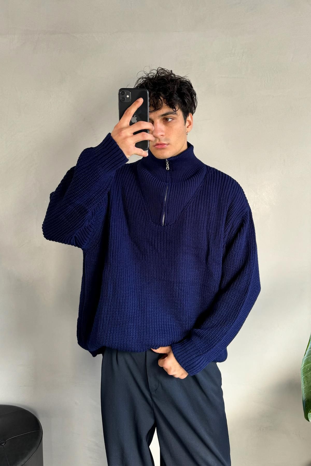 Flaw Wear-Half Zip Basic Oversize Navy Blue Knitwear Sweater 6