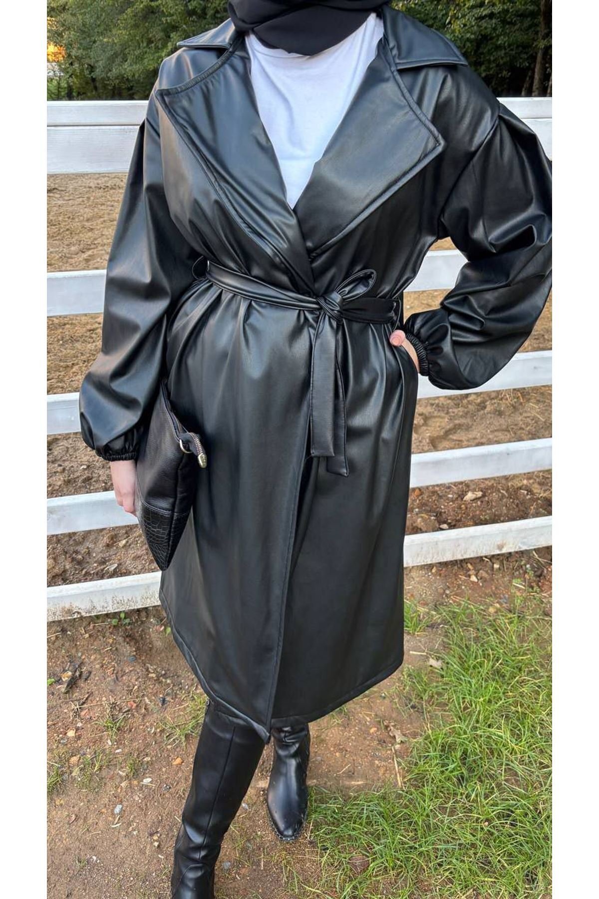 HAKKE Belden Kuşaklı Deri TRENÇ