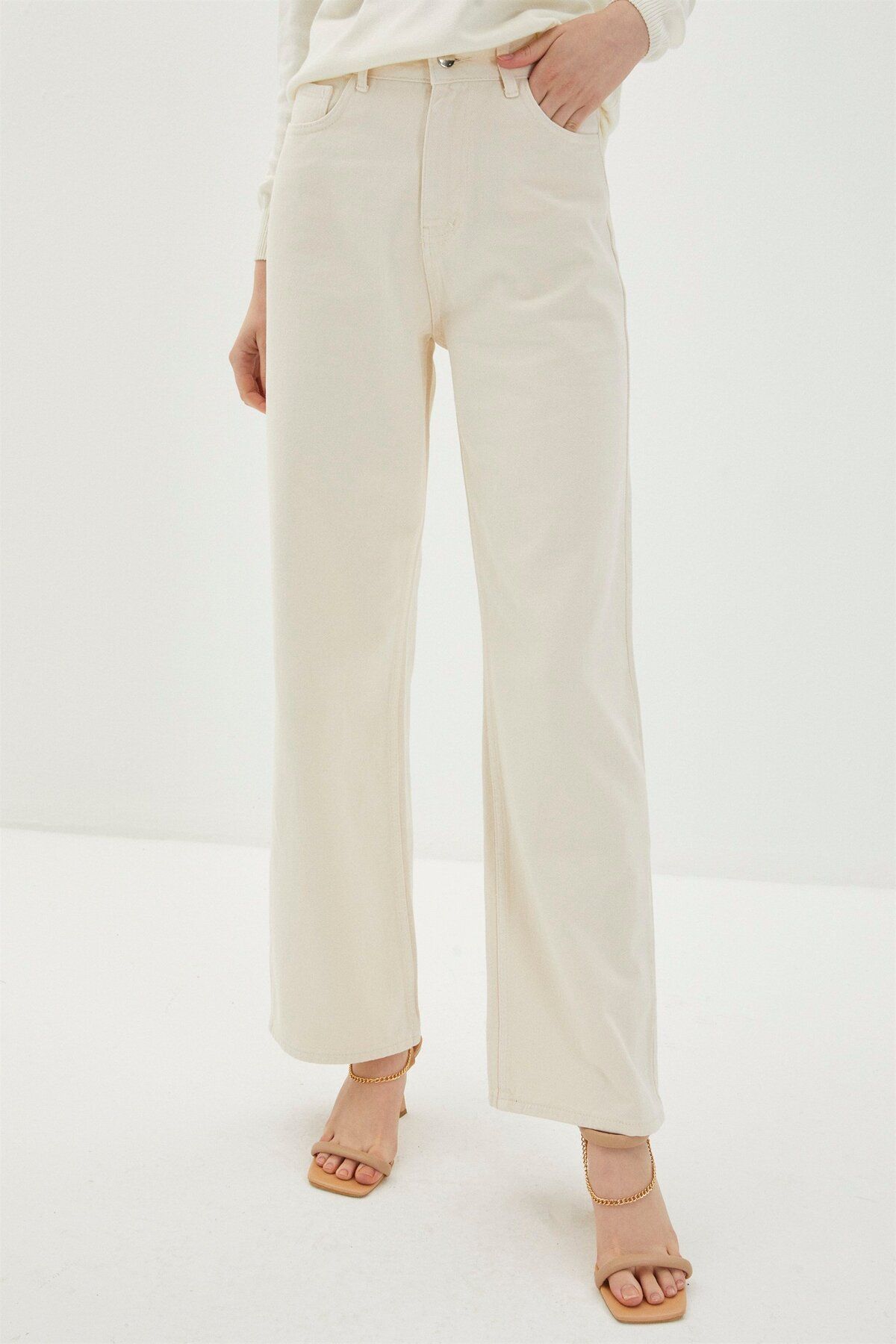 Zühre-High Waist and Wide Leg Beige Denim Trousers - P-0140 4