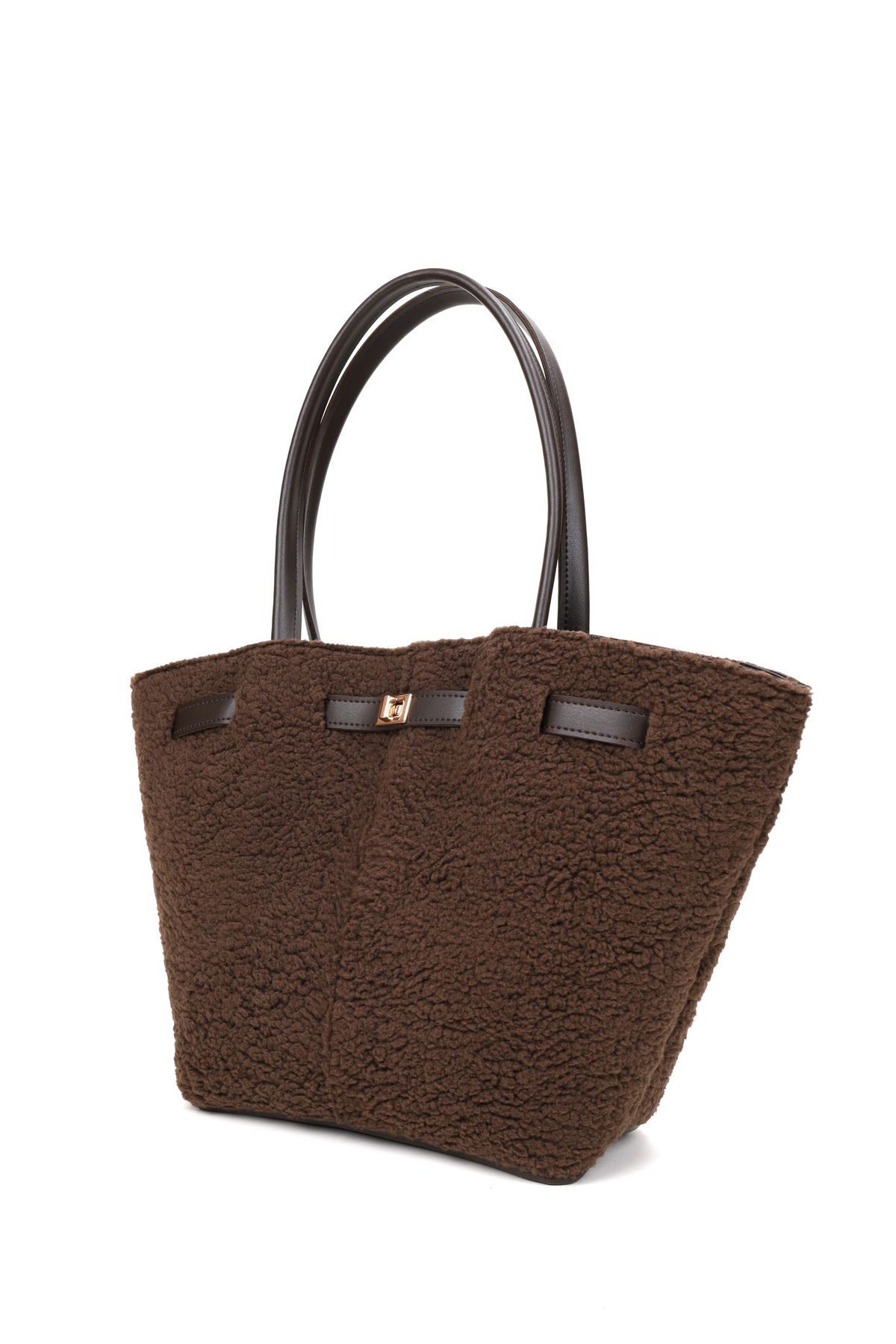 NOTHING-Women's Bitter Brown Plush Magnet Closure Lock Detailed Hand and Shoulder Bag 3