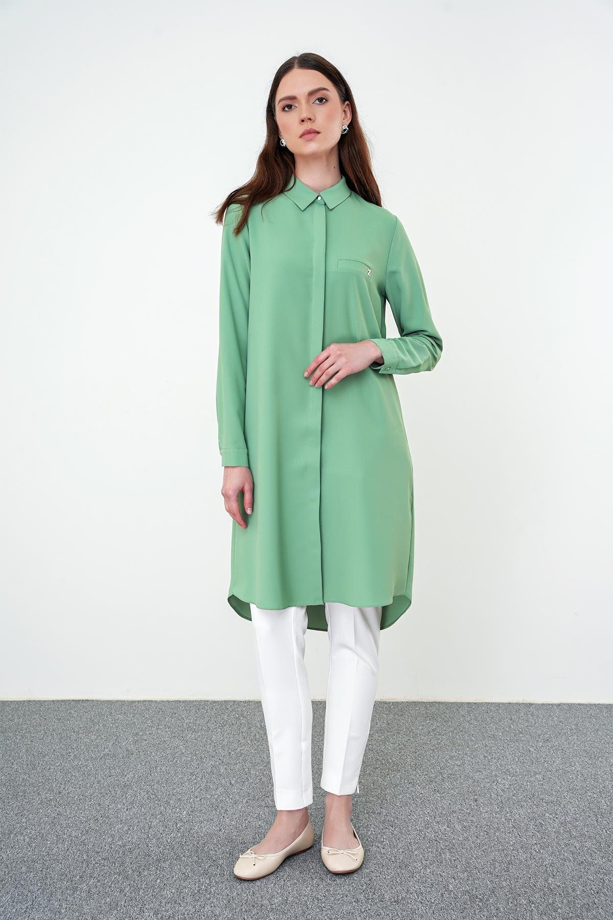 Zühre-Green Tunic - Hidden Button Detail, T-0767 4